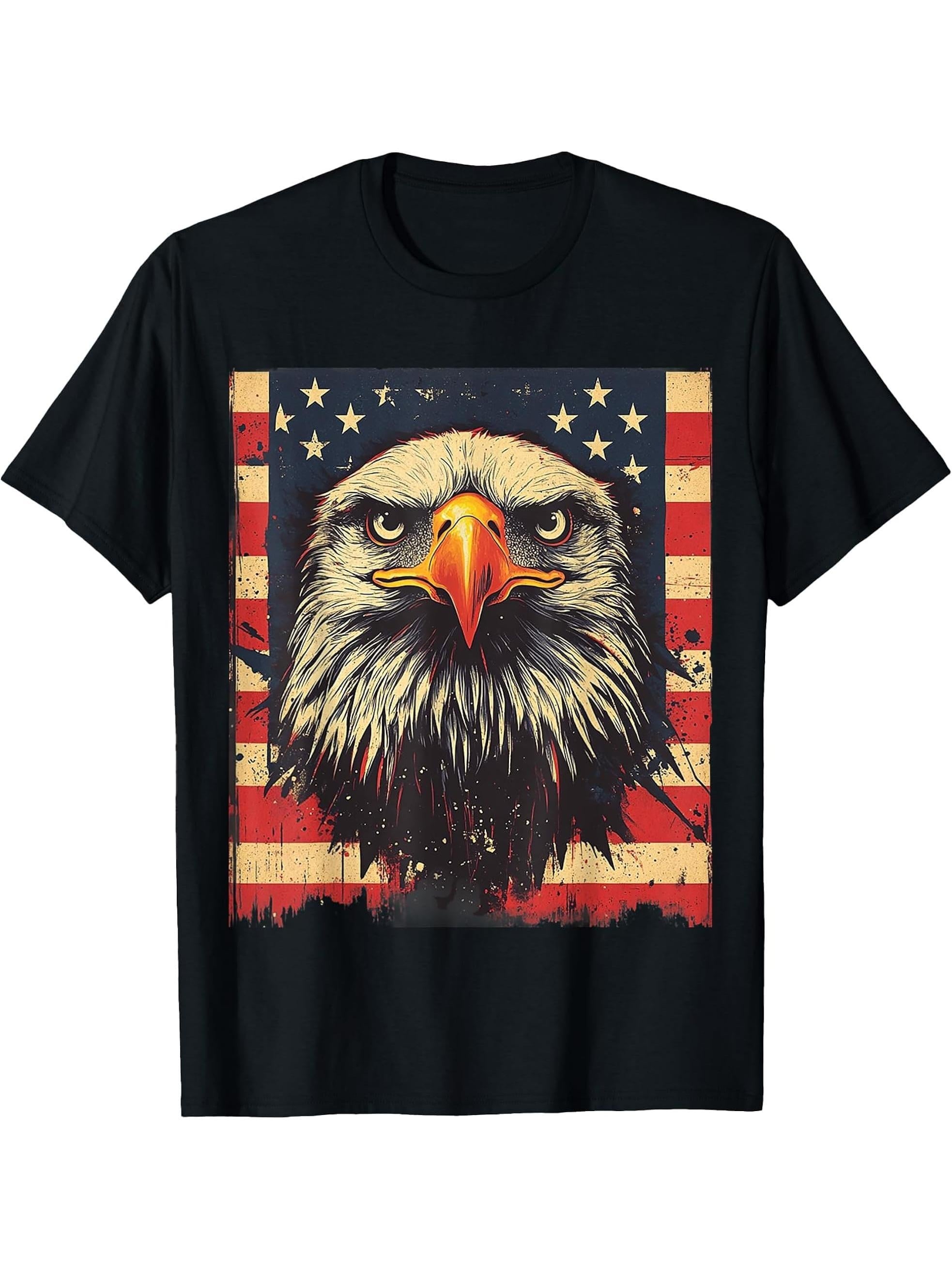 American Bald Eagle USA Flag Patriotic 4th of July Vintage T-Shirt 180G 100% Cotton Printed Round Neck Short-Sleeve T-Shirt, Gifts for Men Dad Husband Grandpa, S-XXXL, Black