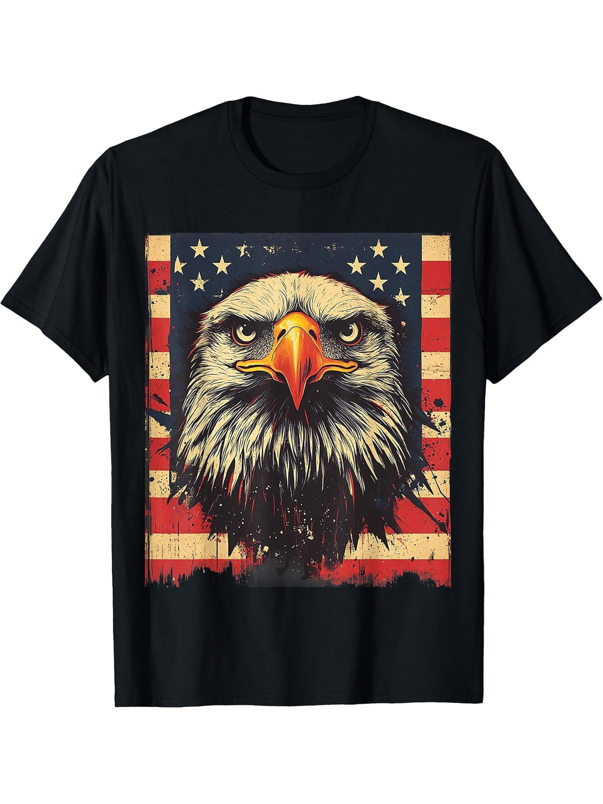 American Bald Eagle USA Flag Patriotic 4th of July Vintage T-Shirt 180G 100% Cotton Printed Round Neck Short-Sleeve T-Shirt, Gifts for Men Dad Husband Grandpa, S-XXXL, Black