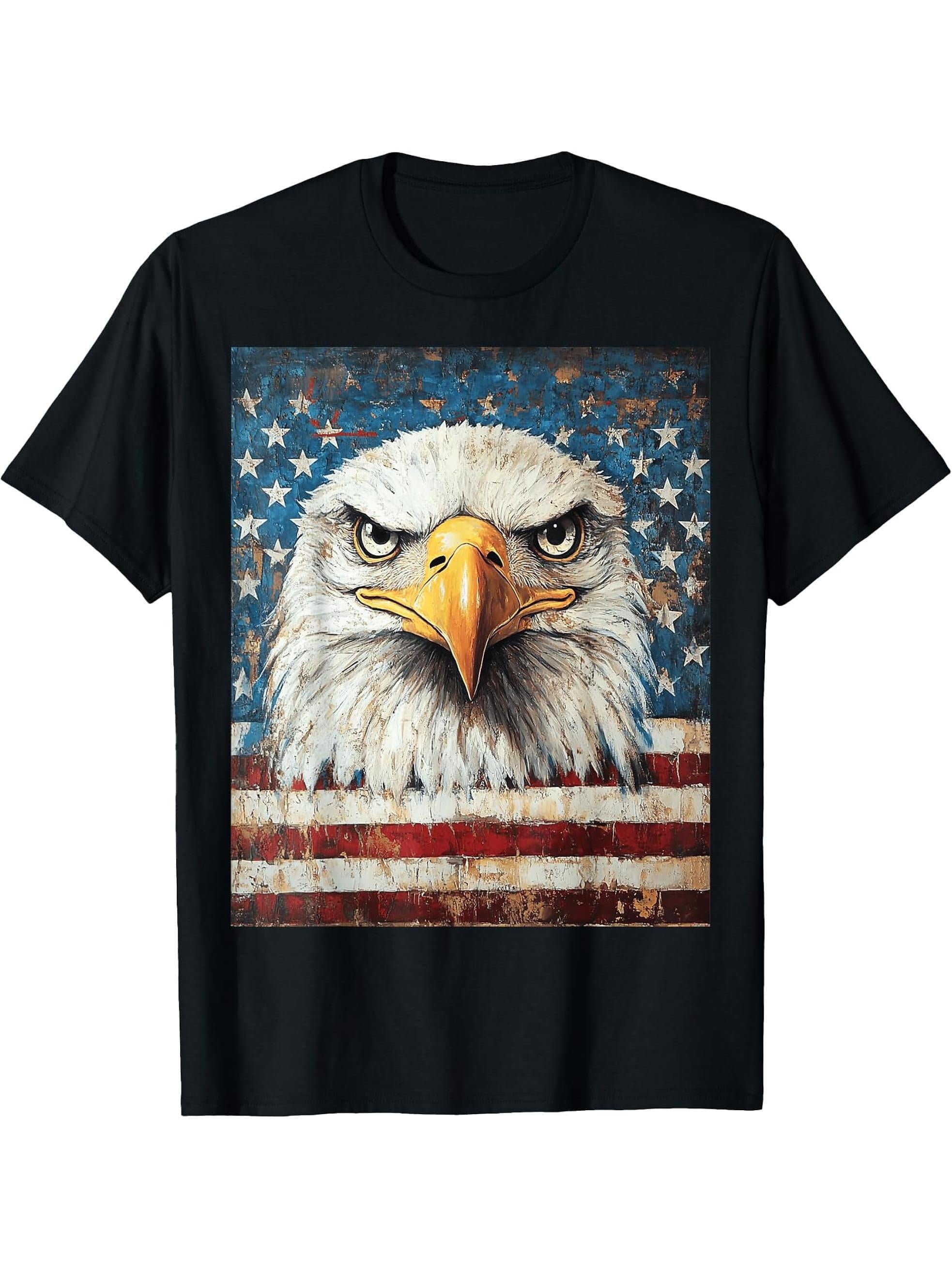 American Bald Eagle USA Flag Patriotic 4th of July Vintage T-Shirt 180G 100% Cotton Printed Round Neck Short-Sleeve T-Shirt, Gifts for Men Dad Husband Grandpa, S-XXXL, Black