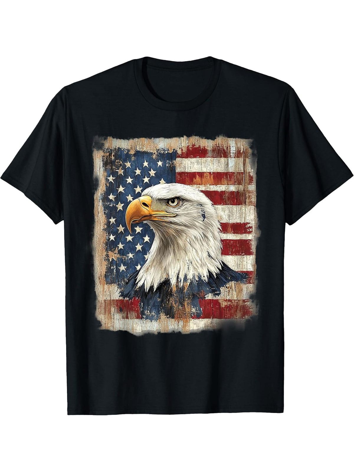 American Bald Eagle USA Flag Patriotic 4th of July Vintage T-Shirt 180G 100% Cotton Printed Round Neck Short-Sleeve T-Shirt, Gifts for Men Dad Husband Grandpa, S-XXXL, Black