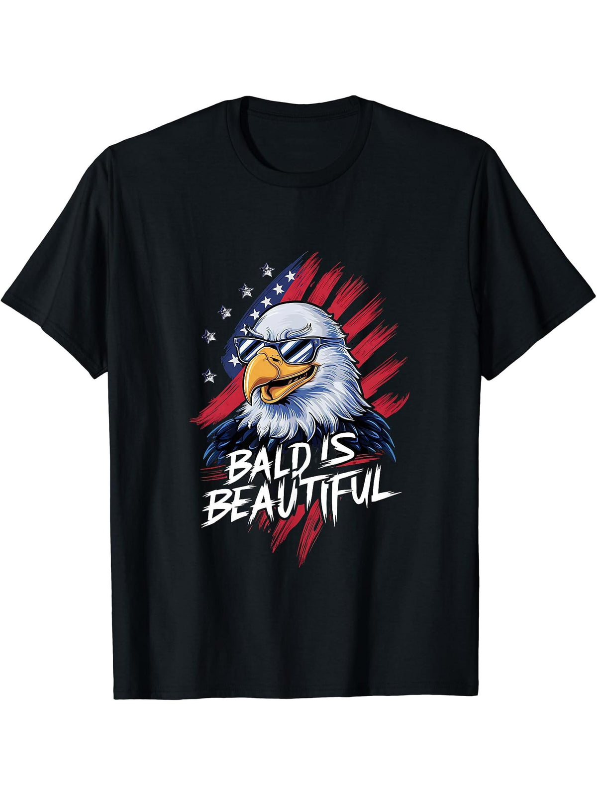 Bald Is Beautiful Independence Day 4th of July Bald Eagle T-Shirt 180G 100% Cotton Printed Round Neck Short-Sleeve T-Shirt, Gifts for Men Dad Husband Grandpa, S-XXXL, Black
