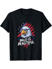 Bald Is Beautiful Independence Day 4th of July Bald Eagle T-Shirt 180G 100% Cotton Printed Round Neck Short-Sleeve T-Shirt, Gifts for Men Dad Husband Grandpa, S-XXXL, Black
