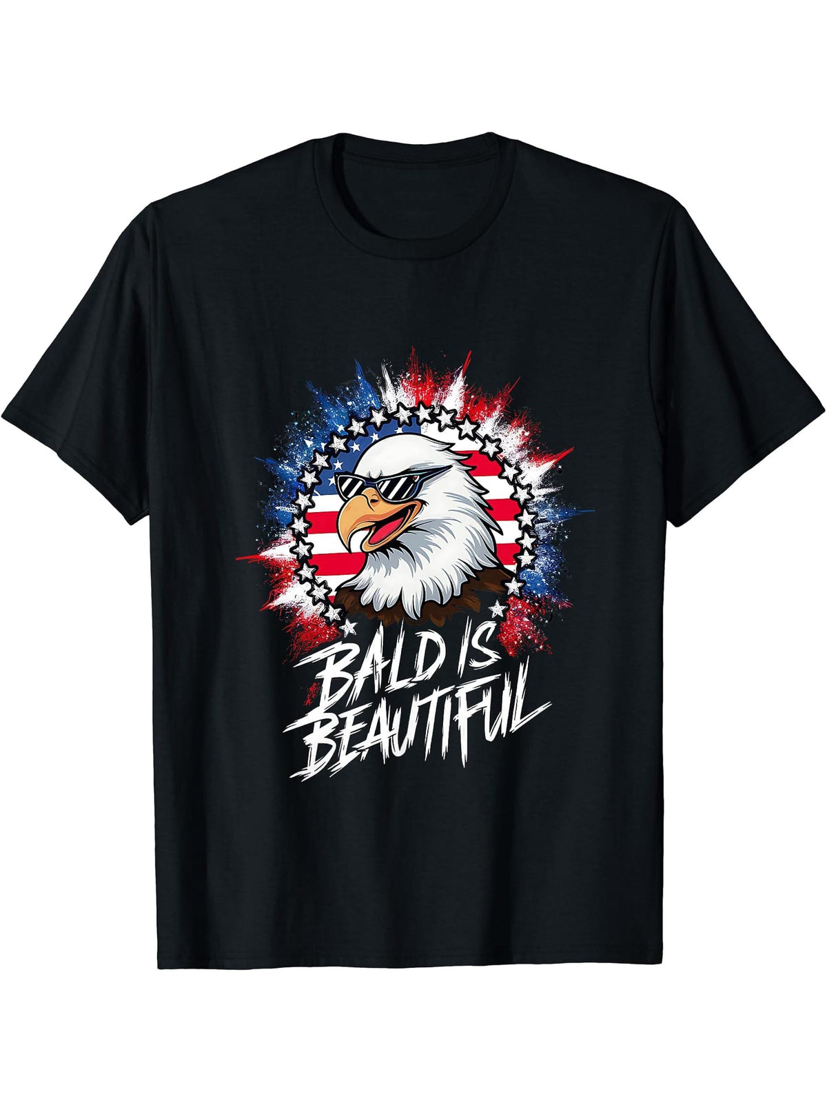 Bald Is Beautiful Independence Day 4th of July Bald Eagle T-Shirt 180G 100% Cotton Printed Round Neck Short-Sleeve T-Shirt, Gifts for Men Dad Husband Grandpa, S-XXXL, Black