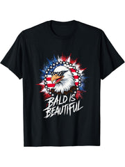 Bald Is Beautiful Independence Day 4th of July Bald Eagle T-Shirt 180G 100% Cotton Printed Round Neck Short-Sleeve T-Shirt, Gifts for Men Dad Husband Grandpa, S-XXXL, Black