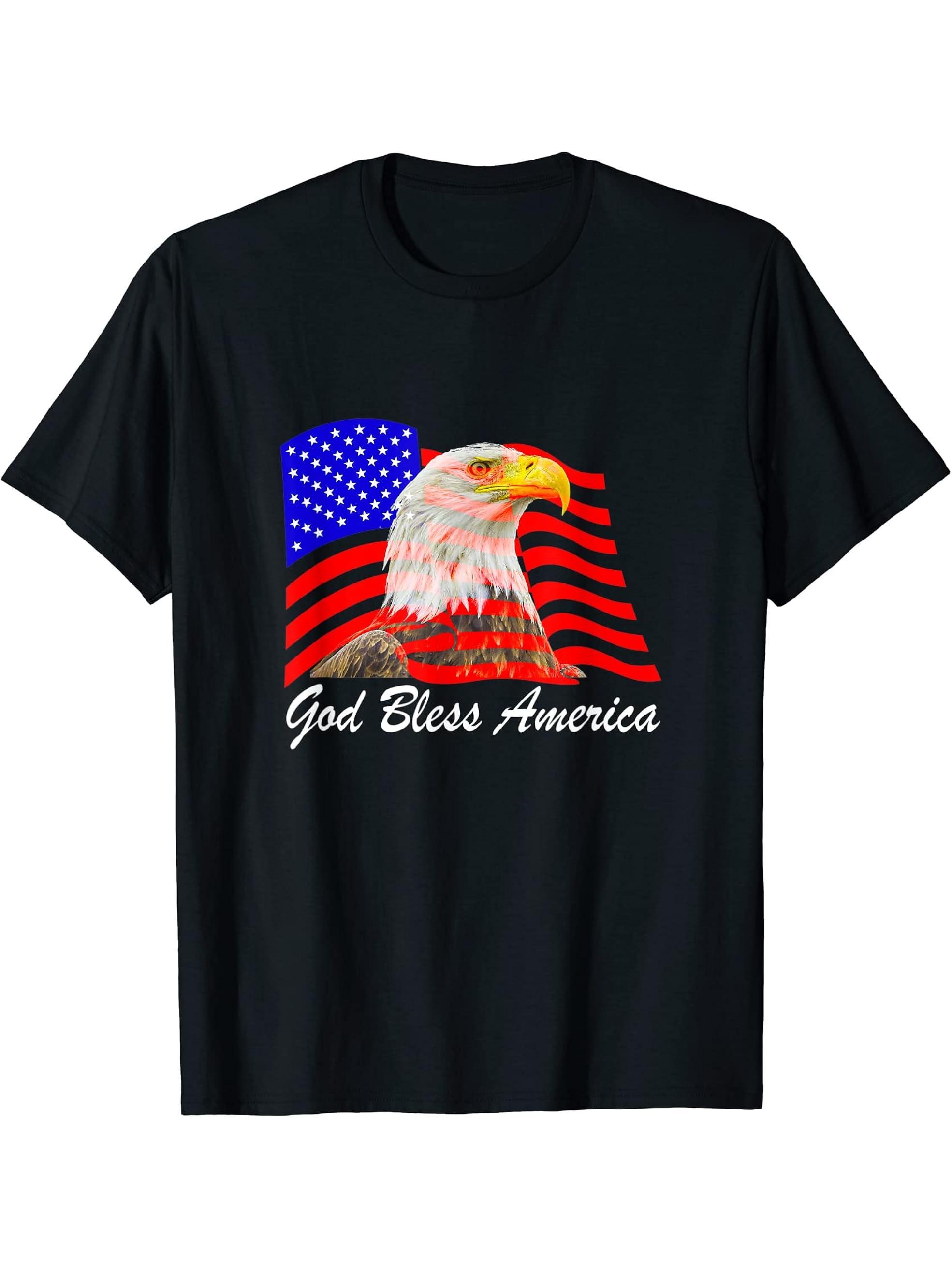 God Bless America Flag and Bald Eagle T-Shirt 180G 100% Cotton Printed Round Neck Short-Sleeve T-Shirt, Gifts for Men Dad Husband Grandpa, S-XXXL, Black