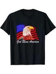 God Bless America Flag and Bald Eagle T-Shirt 180G 100% Cotton Printed Round Neck Short-Sleeve T-Shirt, Gifts for Men Dad Husband Grandpa, S-XXXL, Black