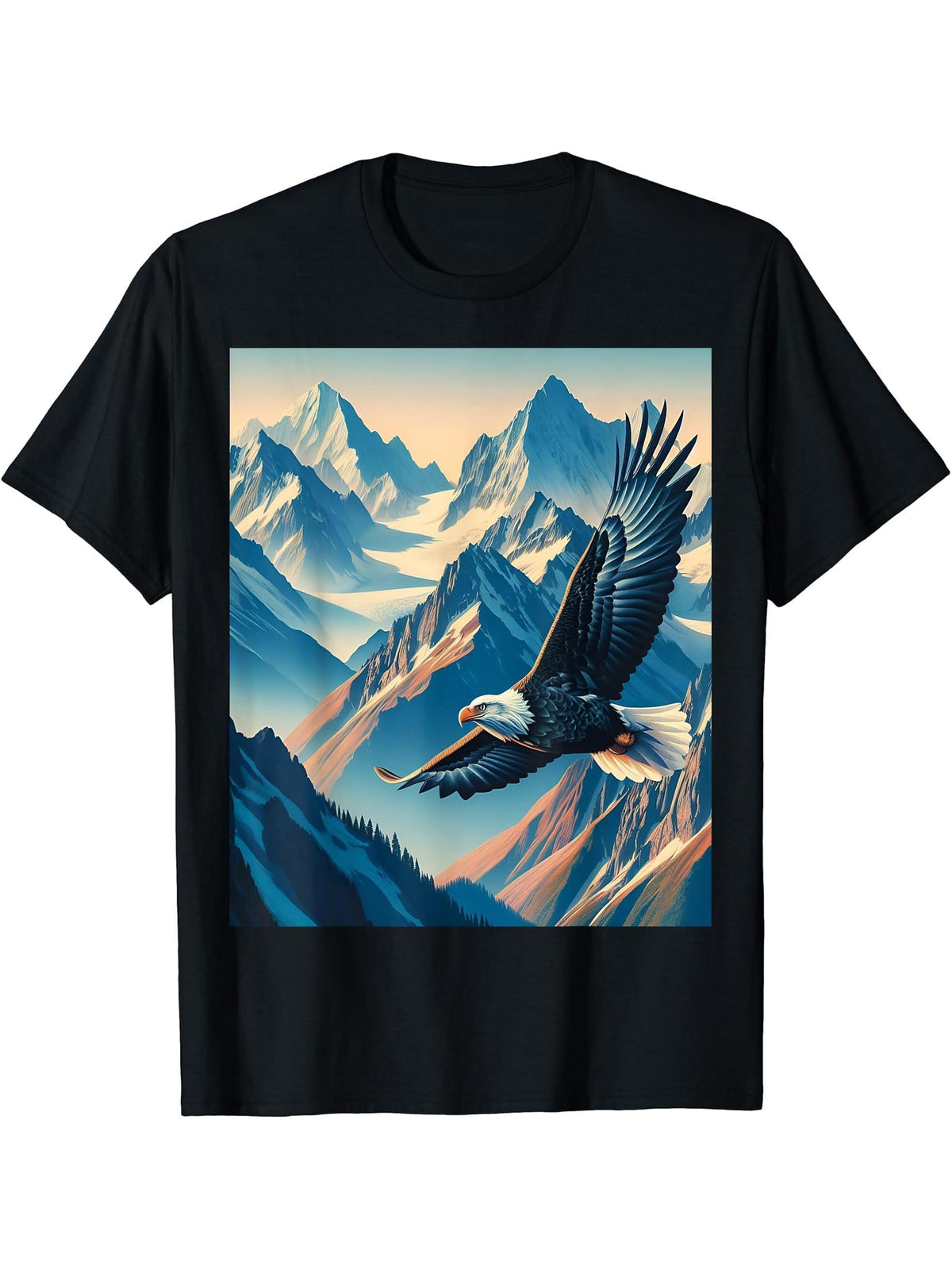 Bald Eagle Mountains Background T-Shirt 180G 100% Cotton Printed Round Neck Short-Sleeve T-Shirt, Gifts for Men Dad Husband Grandpa, S-XXXL, Black