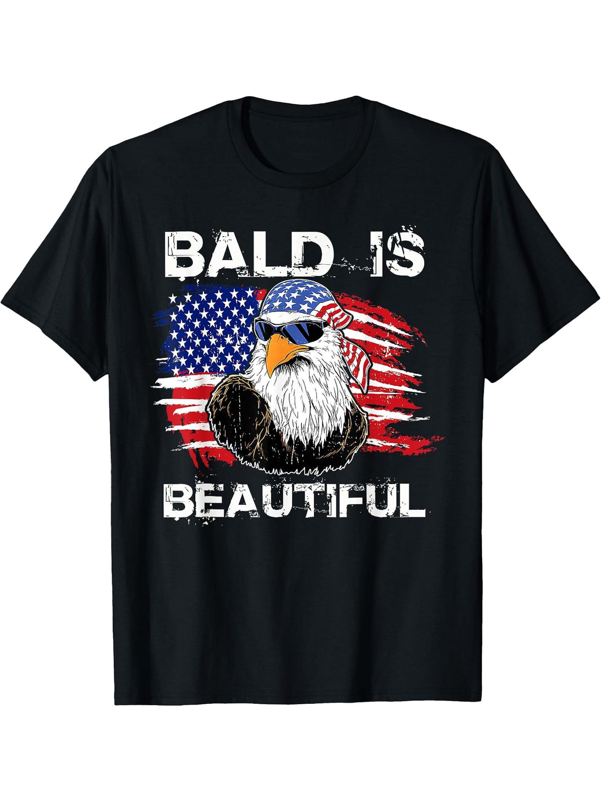 Bald Is Beautiful 4th of July Independence Day Bald Eagle T-Shirt 180G 100% Cotton Printed Round Neck Short-Sleeve T-Shirt, Gifts for Men Dad Husband Grandpa, S-XXXL, Black