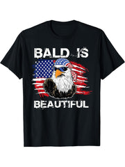 Bald Is Beautiful 4th of July Independence Day Bald Eagle T-Shirt 180G 100% Cotton Printed Round Neck Short-Sleeve T-Shirt, Gifts for Men Dad Husband Grandpa, S-XXXL, Black