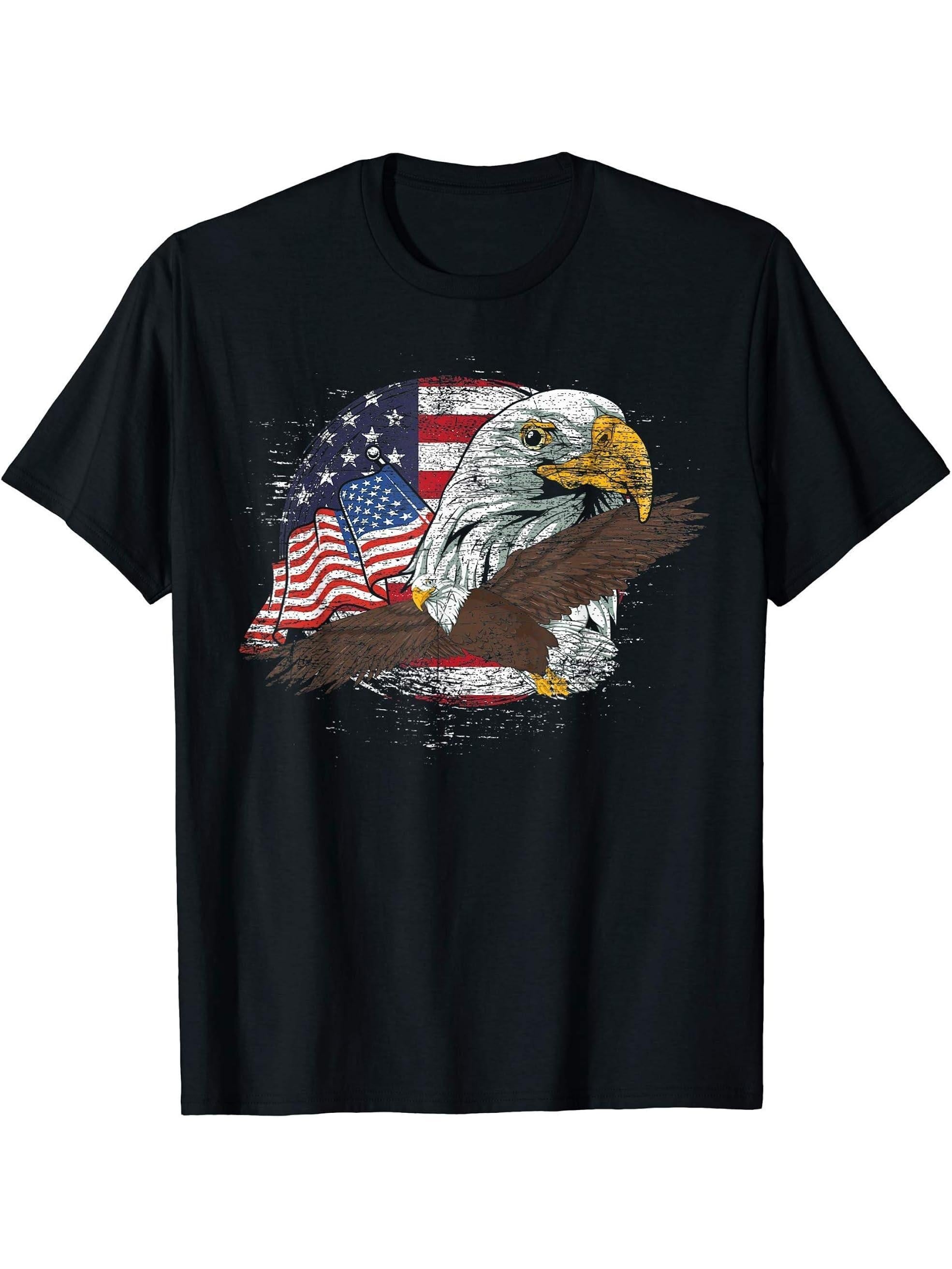 Freedom Patriotic American Bald Eagle US Flag Pride Eagle T-Shirt 180G 100% Cotton Printed Round Neck Short-Sleeve T-Shirt, Gifts for Men Dad Husband Grandpa, S-XXXL, Black