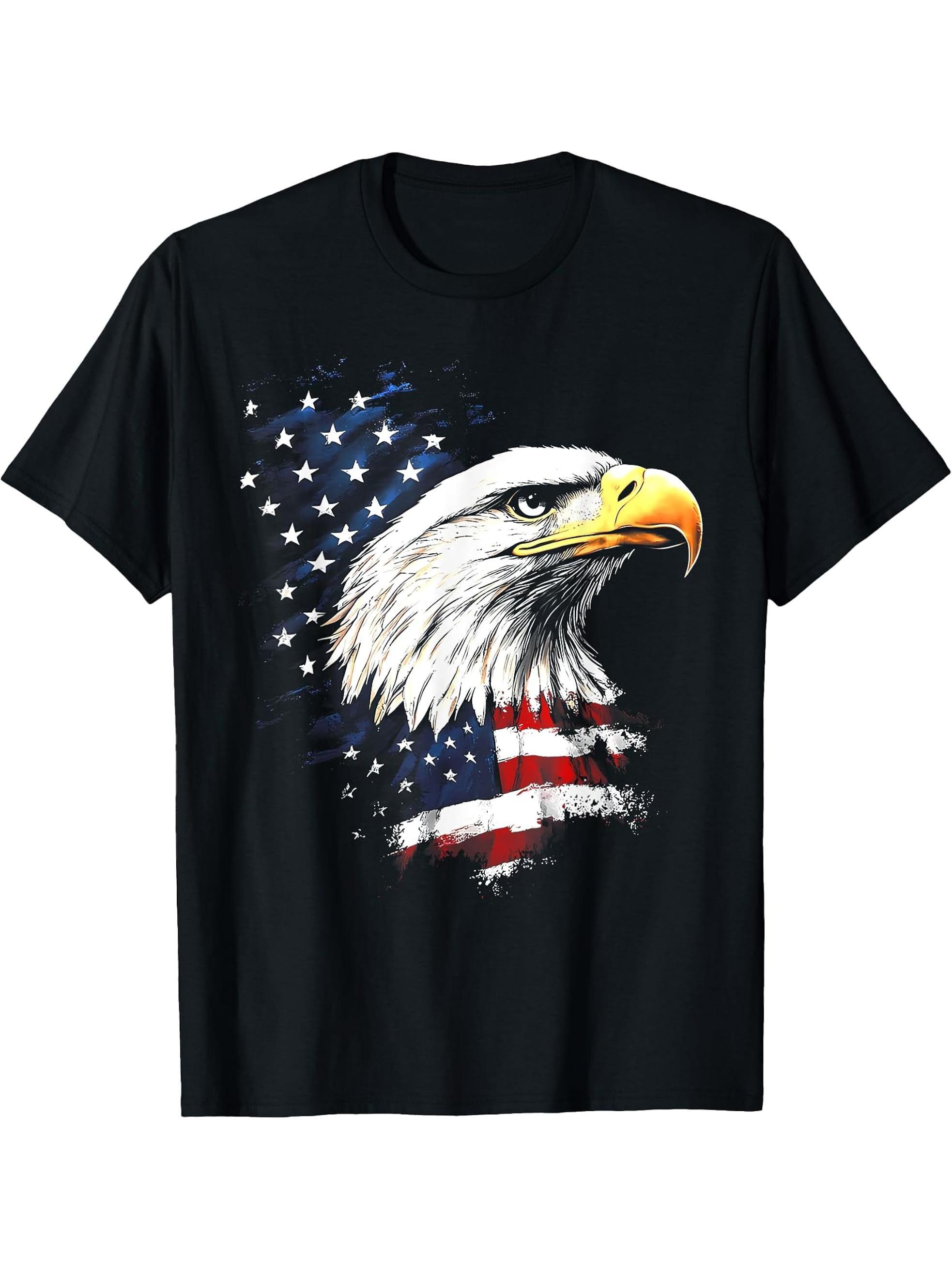 American Flag Bald Eagle Patriotic Red, White & Blue Design T-Shirt 180G 100% Cotton Printed Round Neck Short-Sleeve T-Shirt, Gifts for Men Dad Husband Grandpa, S-XXXL, Black
