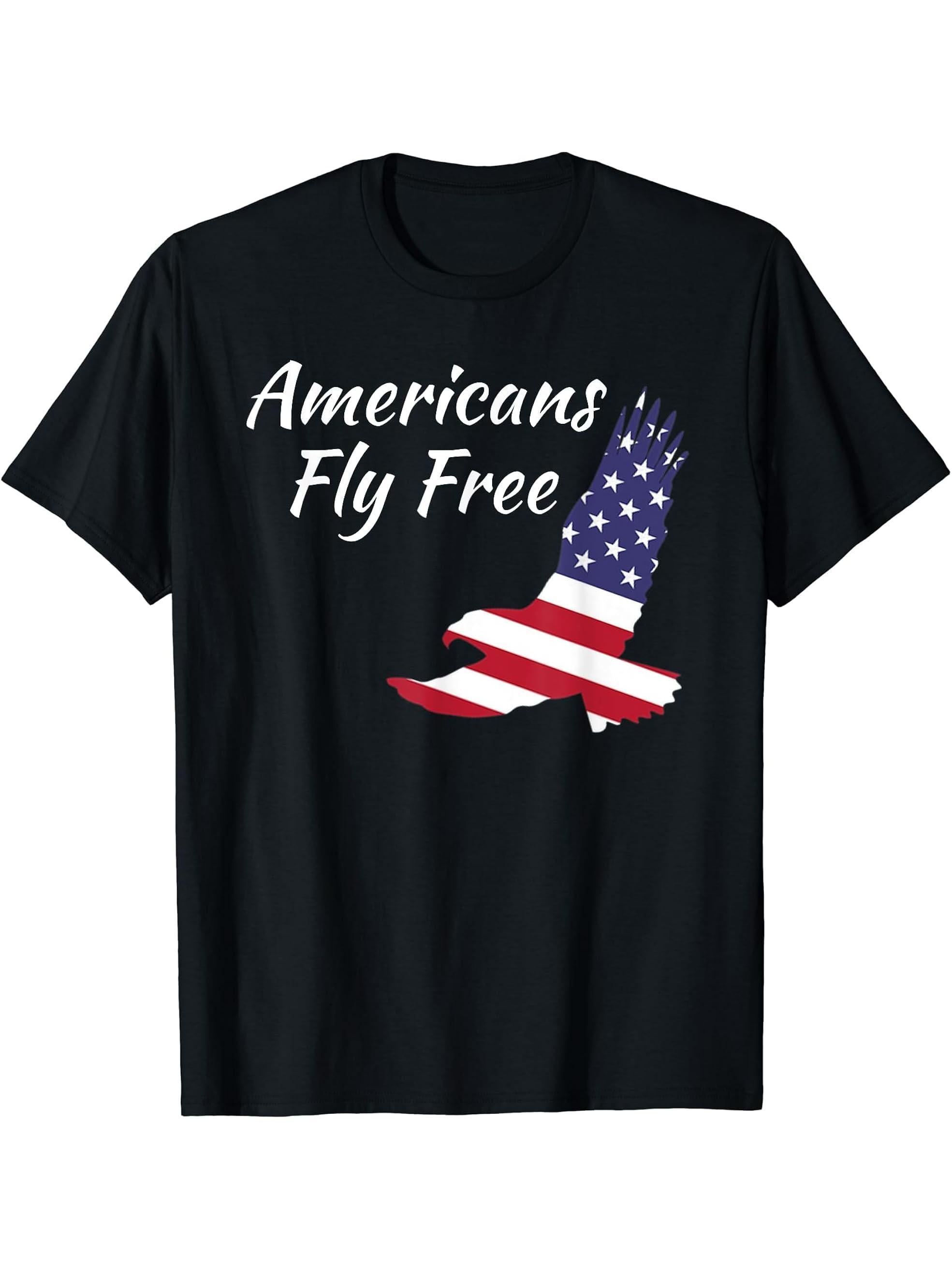 Americans Fly Free Eagle T-Shirt Bald Eagle Freedom Tee 180G 100% Cotton Printed Round Neck Short-Sleeve T-Shirt, Gifts for Men Dad Husband Grandpa, S-XXXL, Black