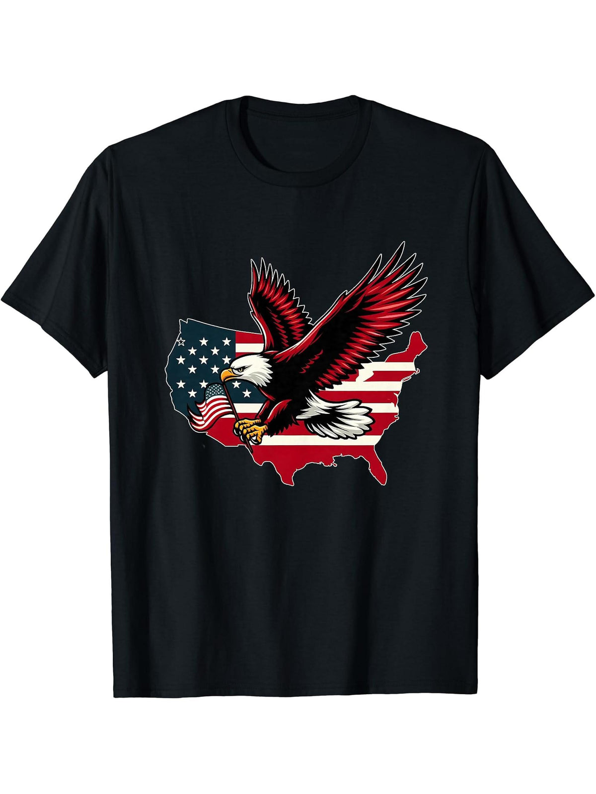 American Bald Eagle with Flag USA 4th of July Patriotic T-Shirt 180G 100% Cotton Printed Round Neck Short-Sleeve T-Shirt, Gifts for Men Dad Husband Grandpa, S-XXXL, Black