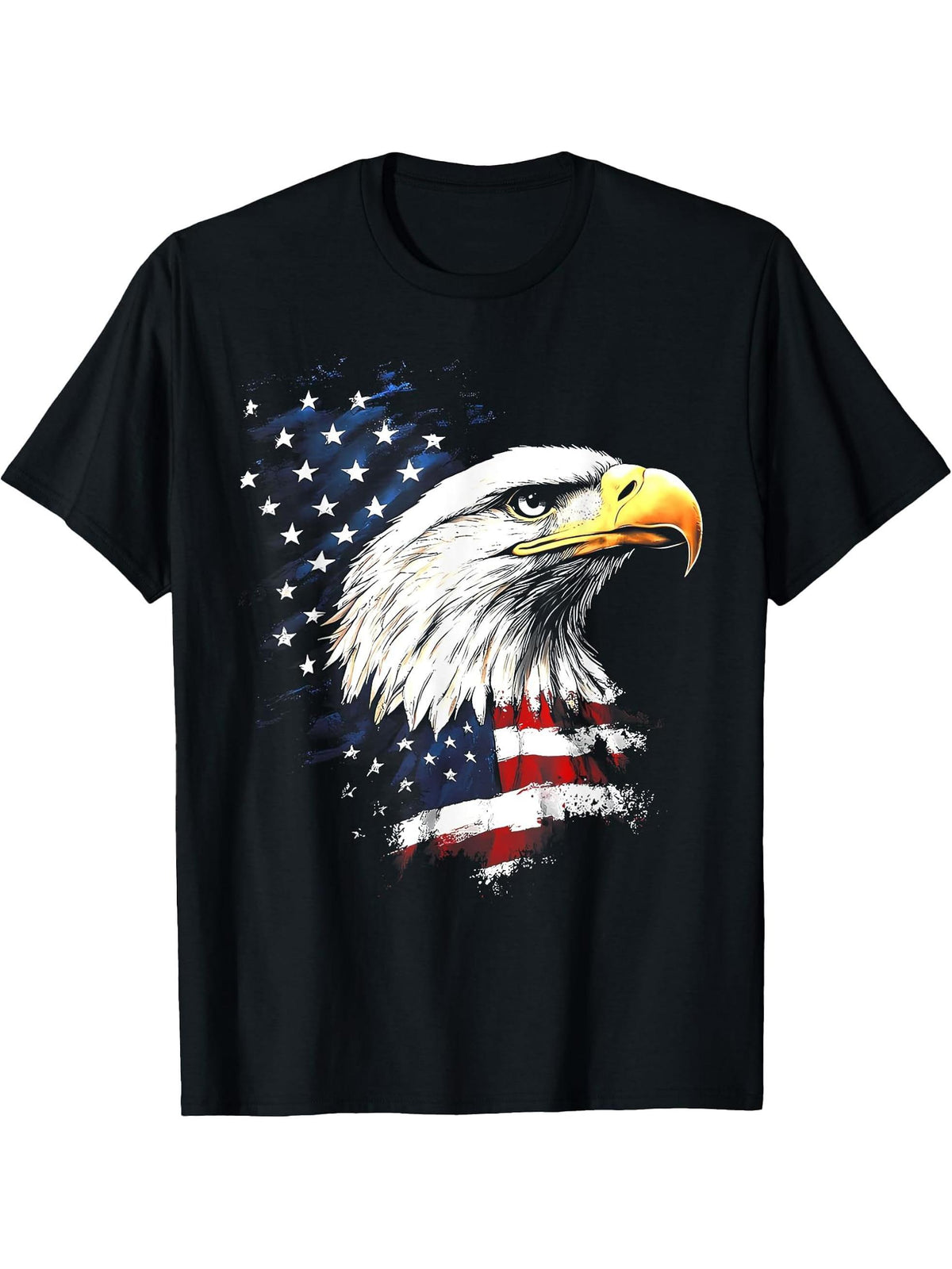 American Flag Bald Eagle Patriotic Red, White & Blue Design T-Shirt 180G 100% Cotton Printed Round Neck Short-Sleeve T-Shirt, Gifts for Men Dad Husband Grandpa, S-XXXL, Black