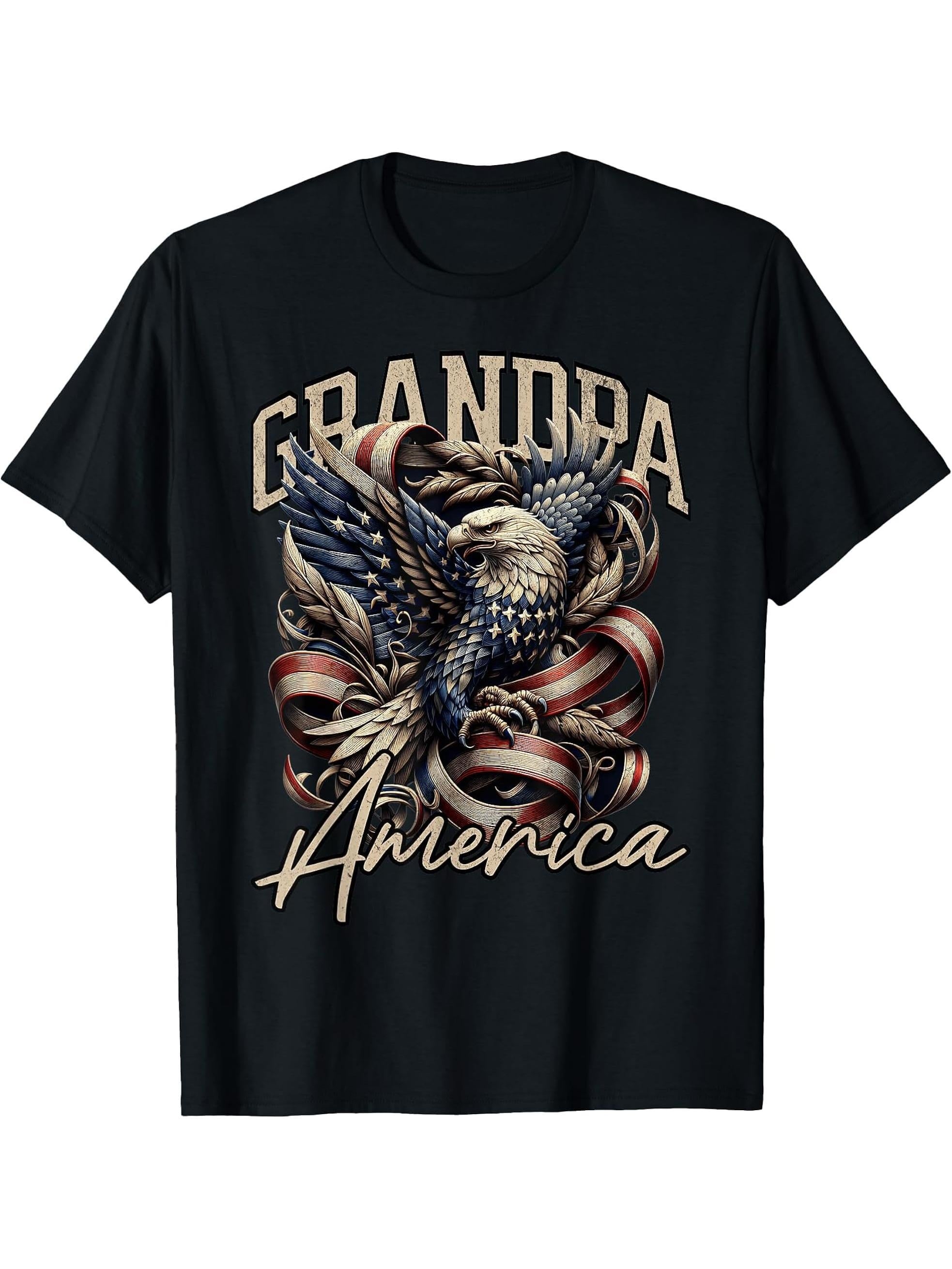Grandpa Vintage USA Flag Bald Eagle Patriotic 4th of July T-Shirt 180G 100% Cotton Printed Round Neck Short-Sleeve T-Shirt, Gifts for Men Dad Husband Grandpa, S-XXXL, Black