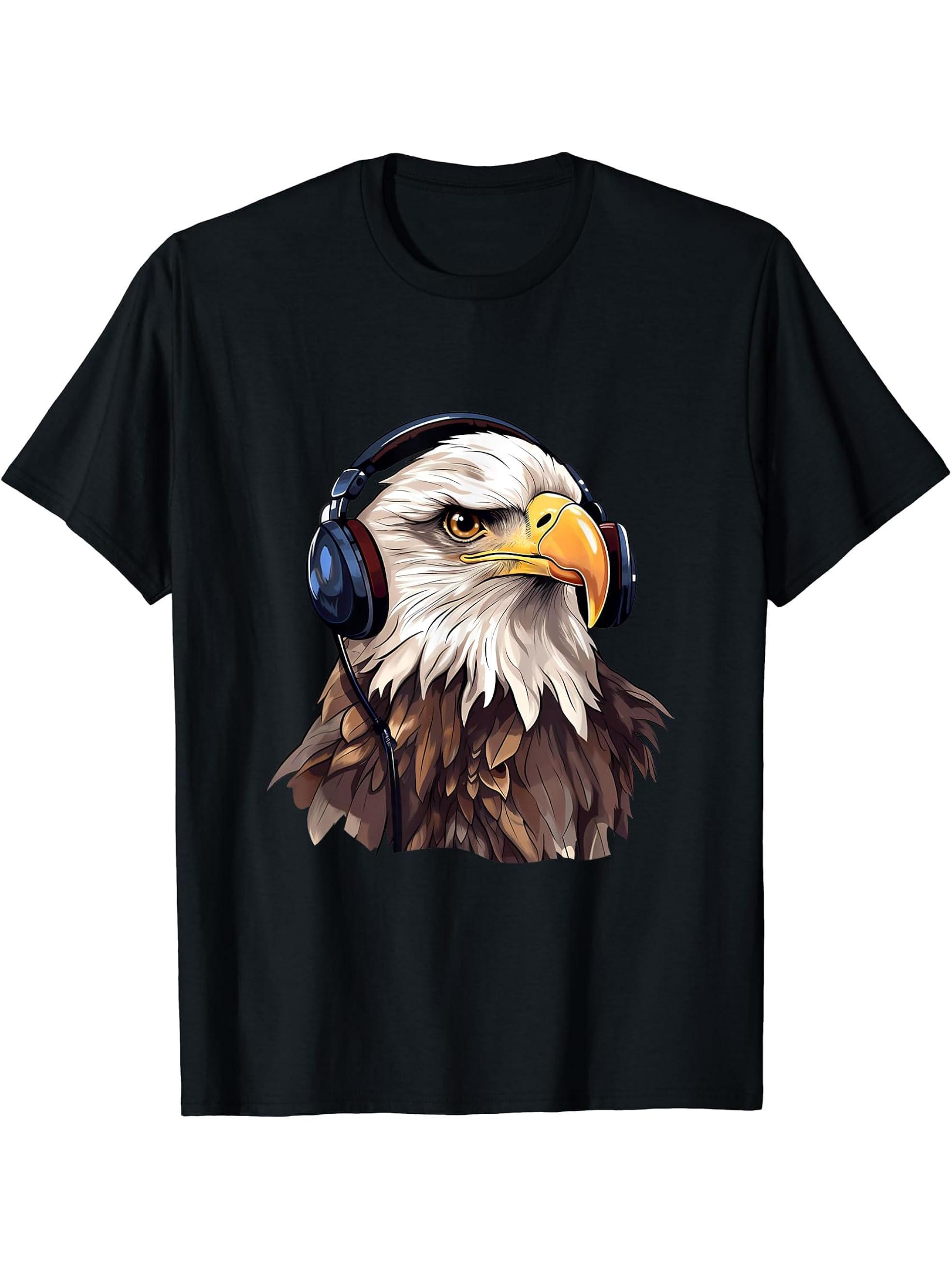 Bald_Eagle Headphones T-Shirt 180G 100% Cotton Printed Round Neck Short-Sleeve T-Shirt, Gifts for Men Dad Husband Grandpa, S-XXXL, Black