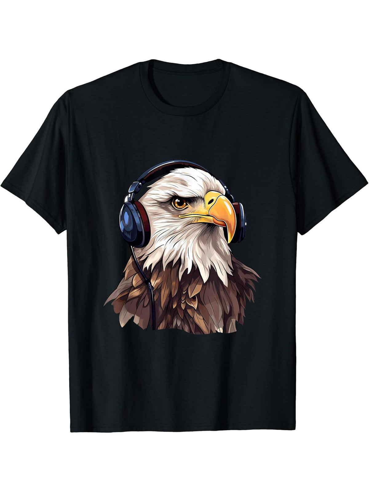Bald_Eagle Headphones T-Shirt 180G 100% Cotton Printed Round Neck Short-Sleeve T-Shirt, Gifts for Men Dad Husband Grandpa, S-XXXL, Black