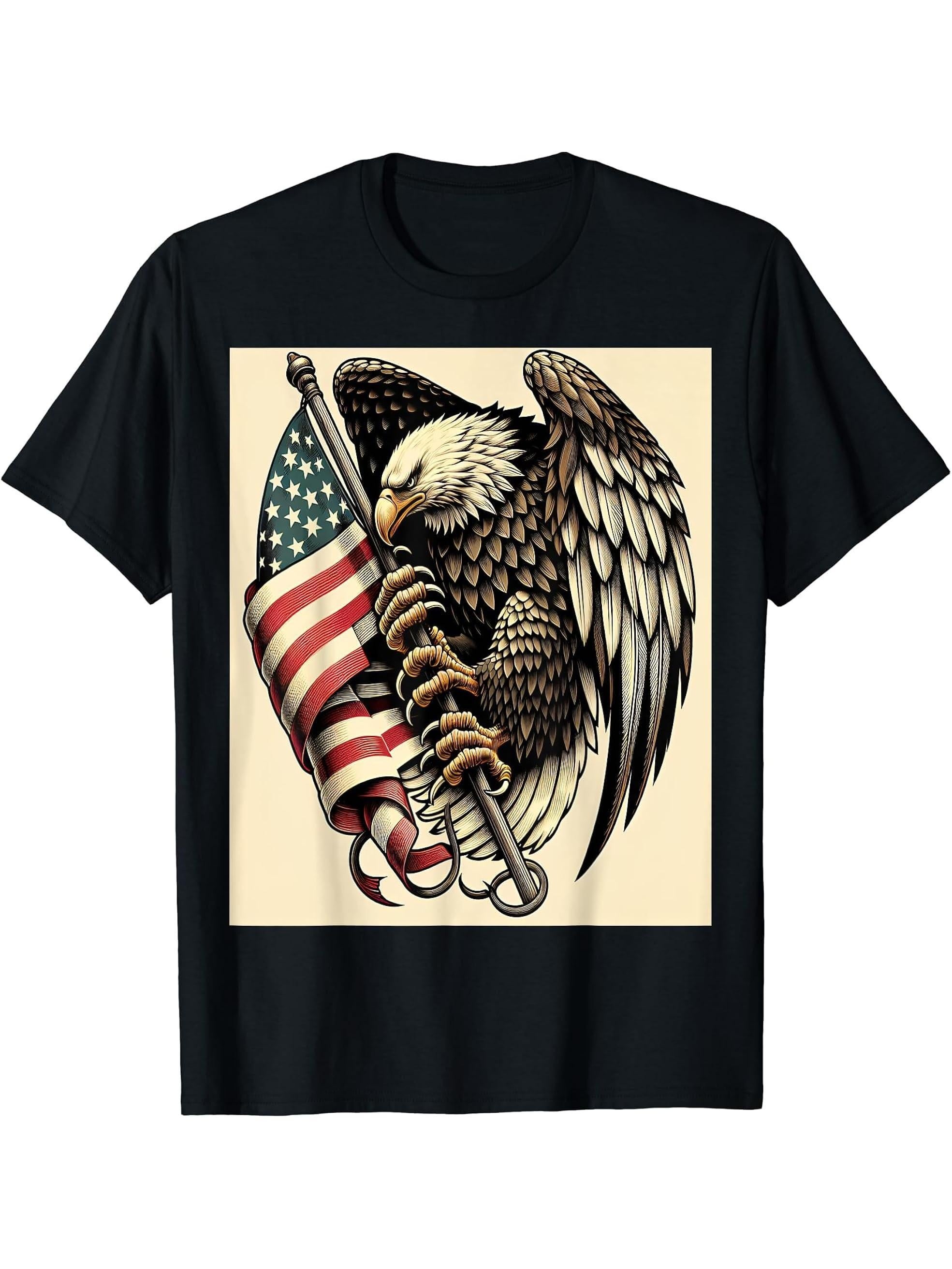 Bald Eagle Clutching American Flag T-Shirt 180G 100% Cotton Printed Round Neck Short-Sleeve T-Shirt, Gifts for Men Dad Husband Grandpa, S-XXXL, Black