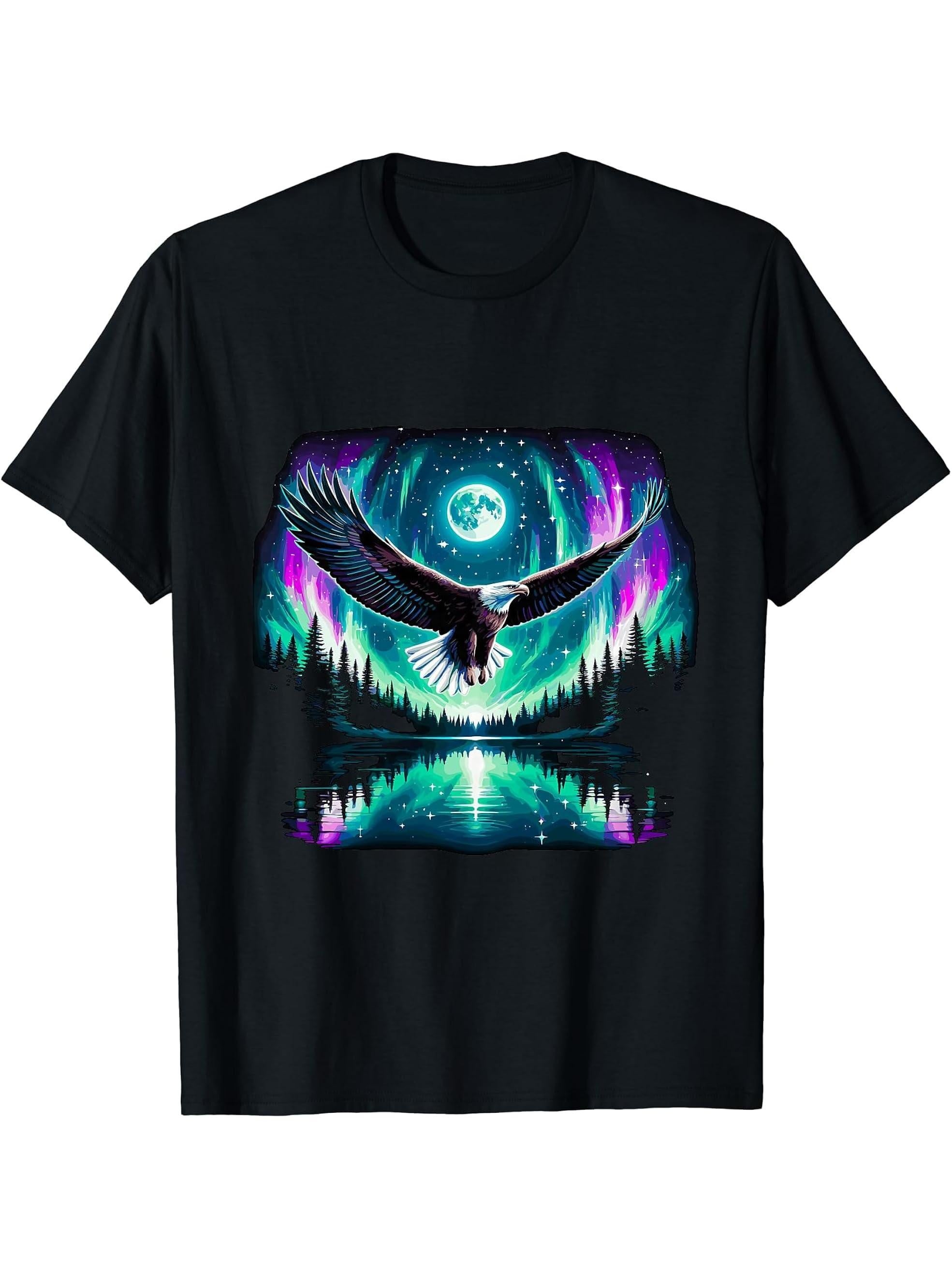 American Bald Eagle Aurora Nothern Lights Forrest T-Shirt 180G 100% Cotton Printed Round Neck Short-Sleeve T-Shirt, Gifts for Men Dad Husband Grandpa, S-XXXL, Black