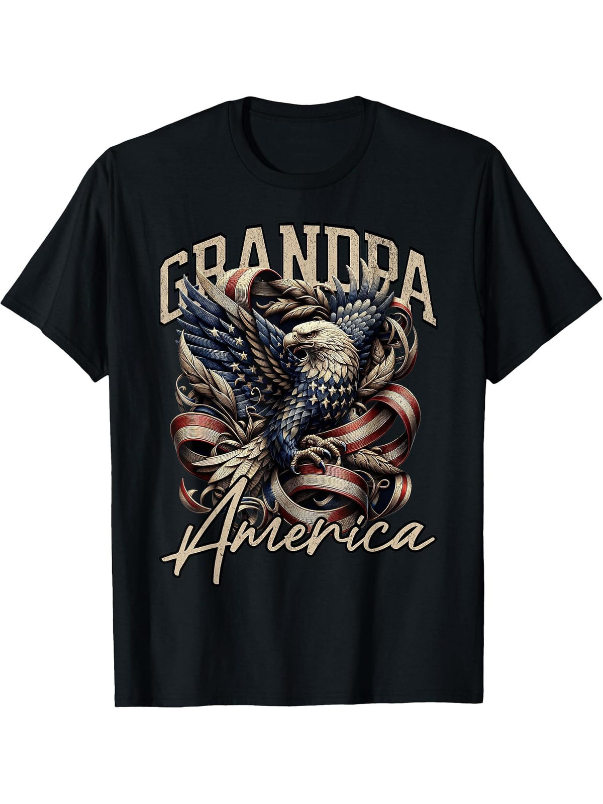 Grandpa Vintage USA Flag Bald Eagle Patriotic 4th of July T-Shirt 180G 100% Cotton Printed Round Neck Short-Sleeve T-Shirt, Gifts for Men Dad Husband Grandpa, S-XXXL, Black