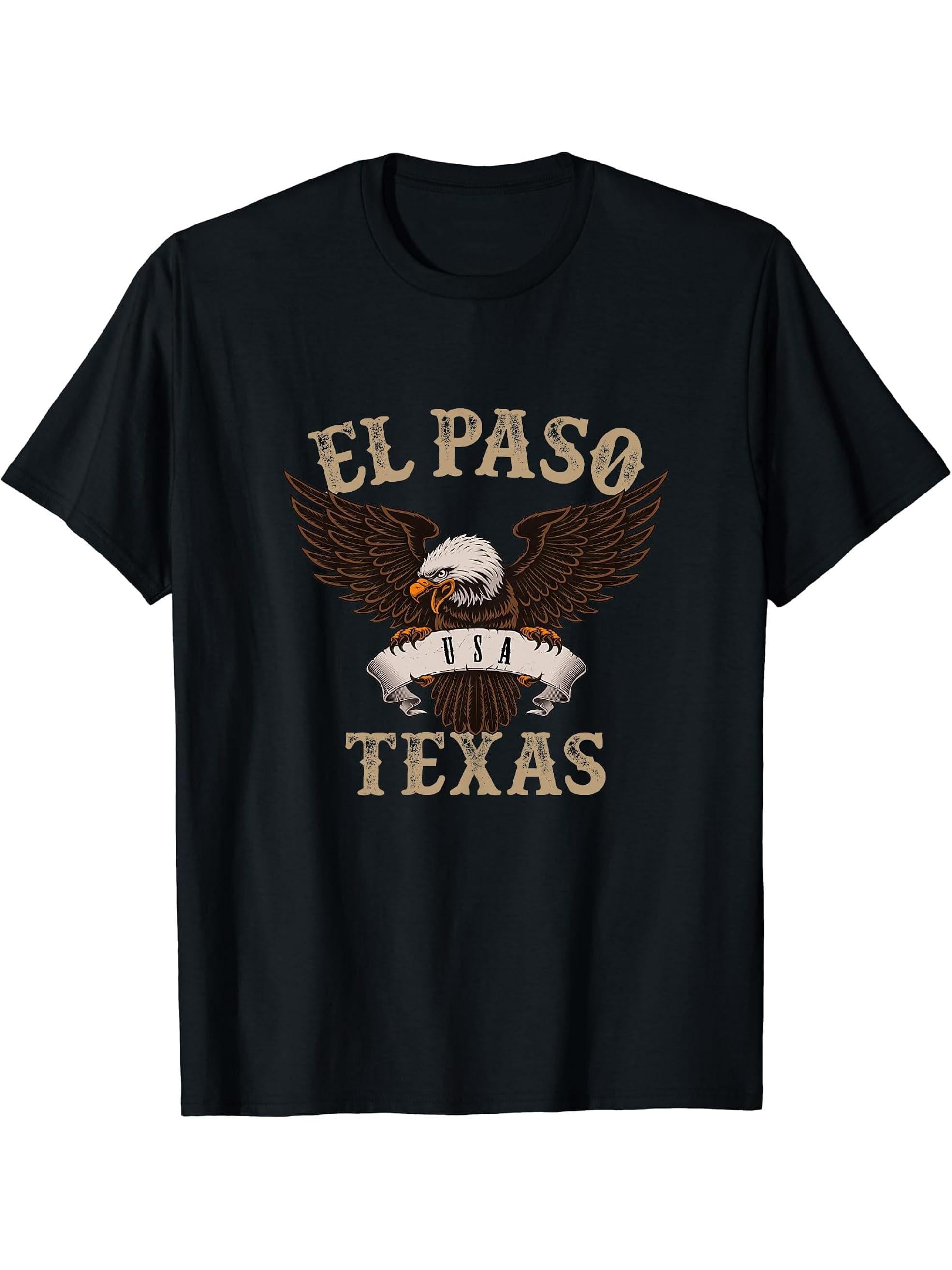 El Paso Texas USA Bald Eagle T-Shirt 180G 100% Cotton Printed Round Neck Short-Sleeve T-Shirt, Gifts for Men Dad Husband Grandpa, S-XXXL, Black