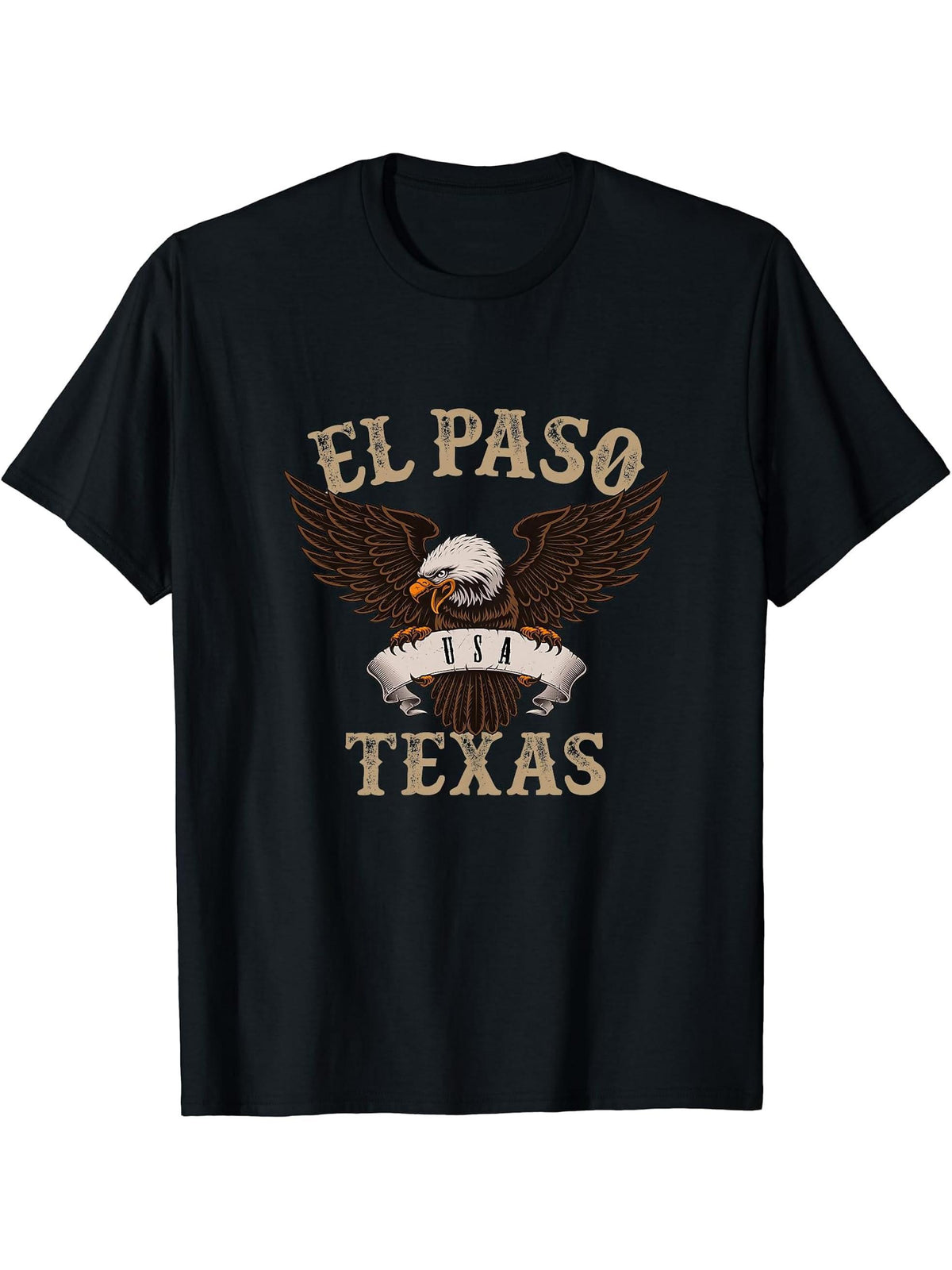 El Paso Texas USA Bald Eagle T-Shirt 180G 100% Cotton Printed Round Neck Short-Sleeve T-Shirt, Gifts for Men Dad Husband Grandpa, S-XXXL, Black