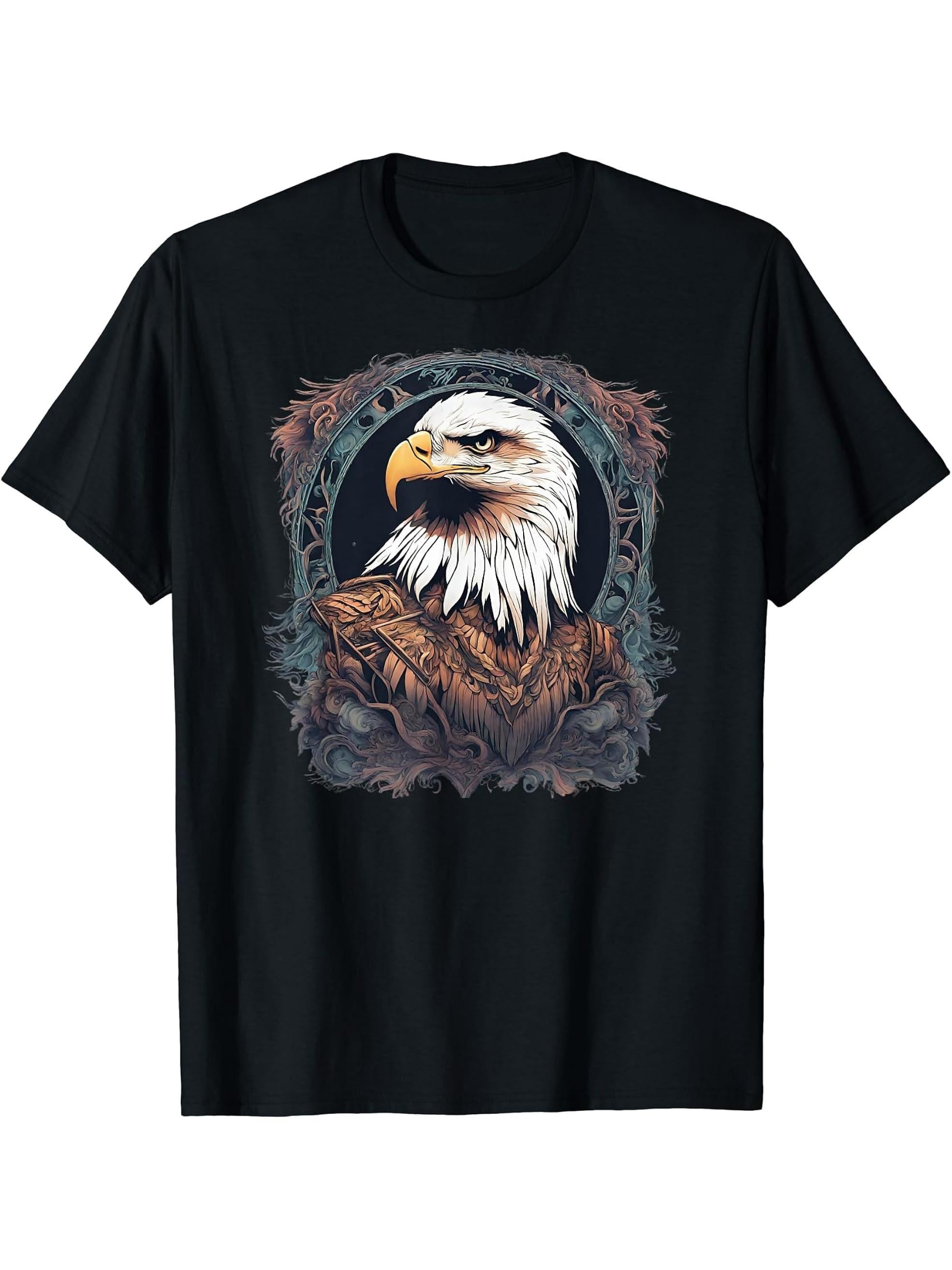 Bald eagle design T-Shirt 180G 100% Cotton Printed Round Neck Short-Sleeve T-Shirt, Gifts for Men Dad Husband Grandpa, S-XXXL, Black