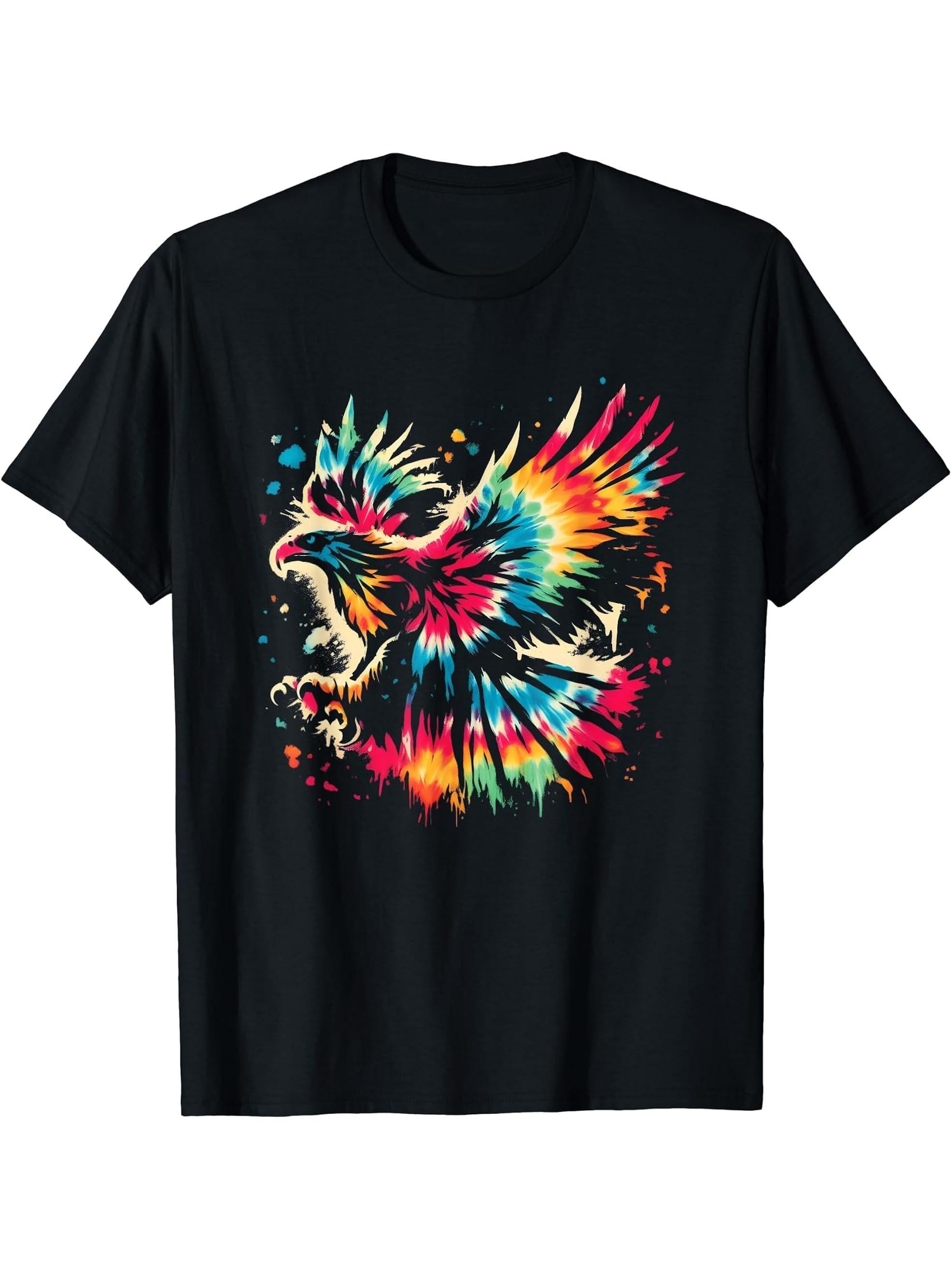 Eagle Tie Dye - Colorful Bald Eagle Bird Animal Lover T-Shirt 180G 100% Cotton Printed Round Neck Short-Sleeve T-Shirt, Gifts for Men Dad Husband Grandpa, S-XXXL, Black