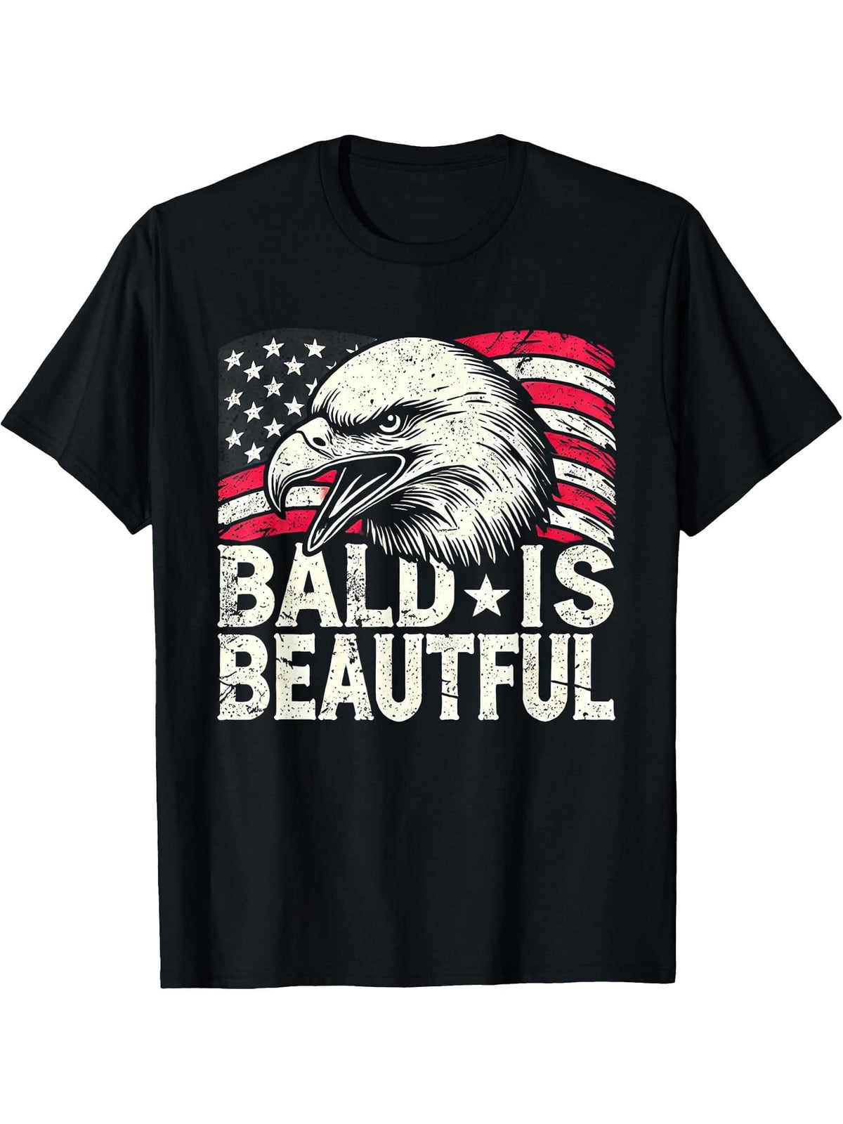 "Bald is Beautiful" Patriotic Eagle Design T-Shirt 180G 100% Cotton Printed Round Neck Short-Sleeve T-Shirt, Gifts for Men Dad Husband Grandpa, S-XXXL, Black