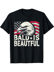 "Bald is Beautiful" Patriotic Eagle Design T-Shirt 180G 100% Cotton Printed Round Neck Short-Sleeve T-Shirt, Gifts for Men Dad Husband Grandpa, S-XXXL, Black