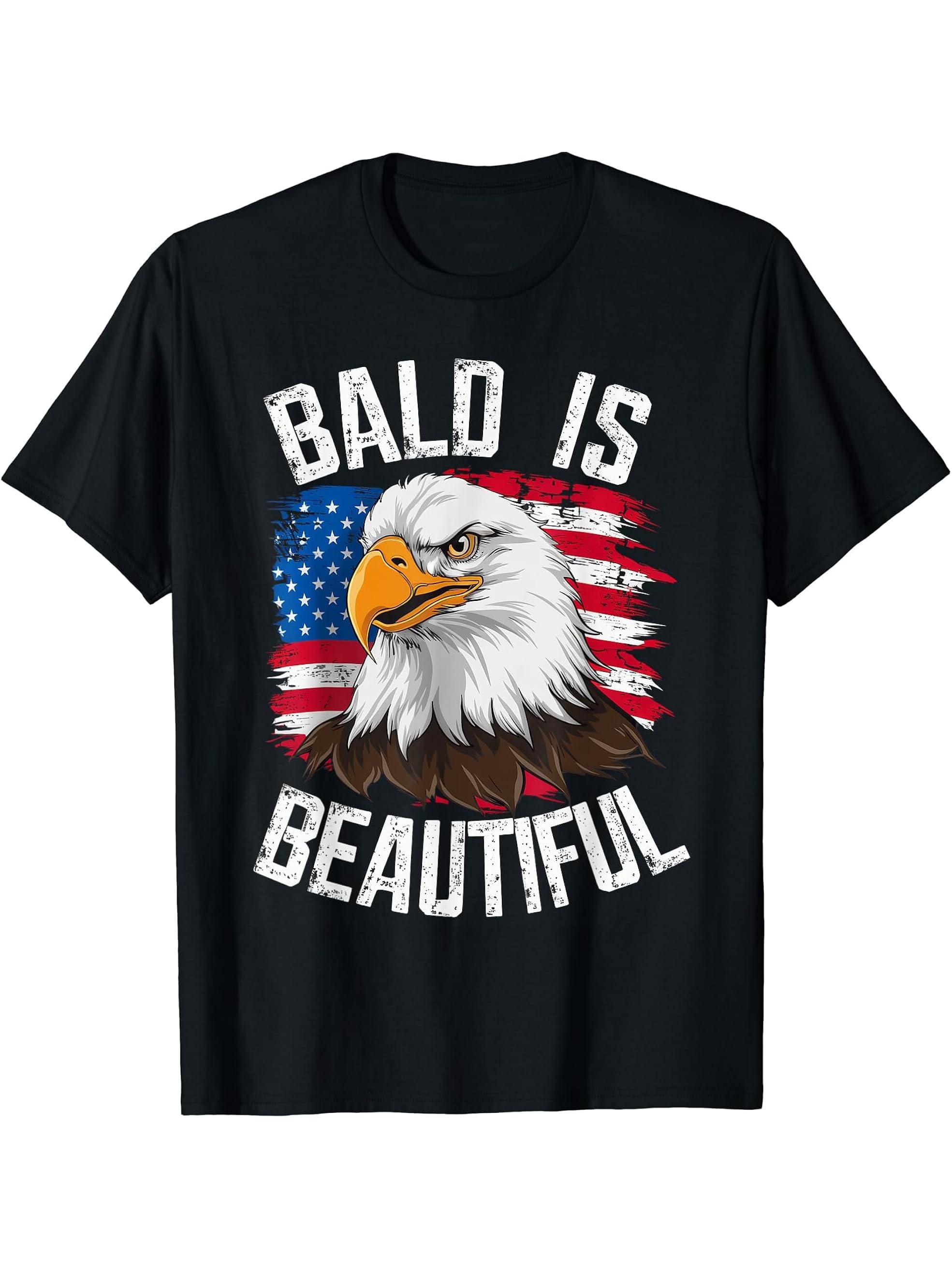 Bald Is Beautiful Independence Day Bald Eagle 4th of July T-Shirt 180G 100% Cotton Printed Round Neck Short-Sleeve T-Shirt, Gifts for Men Dad Husband Grandpa, S-XXXL, Black