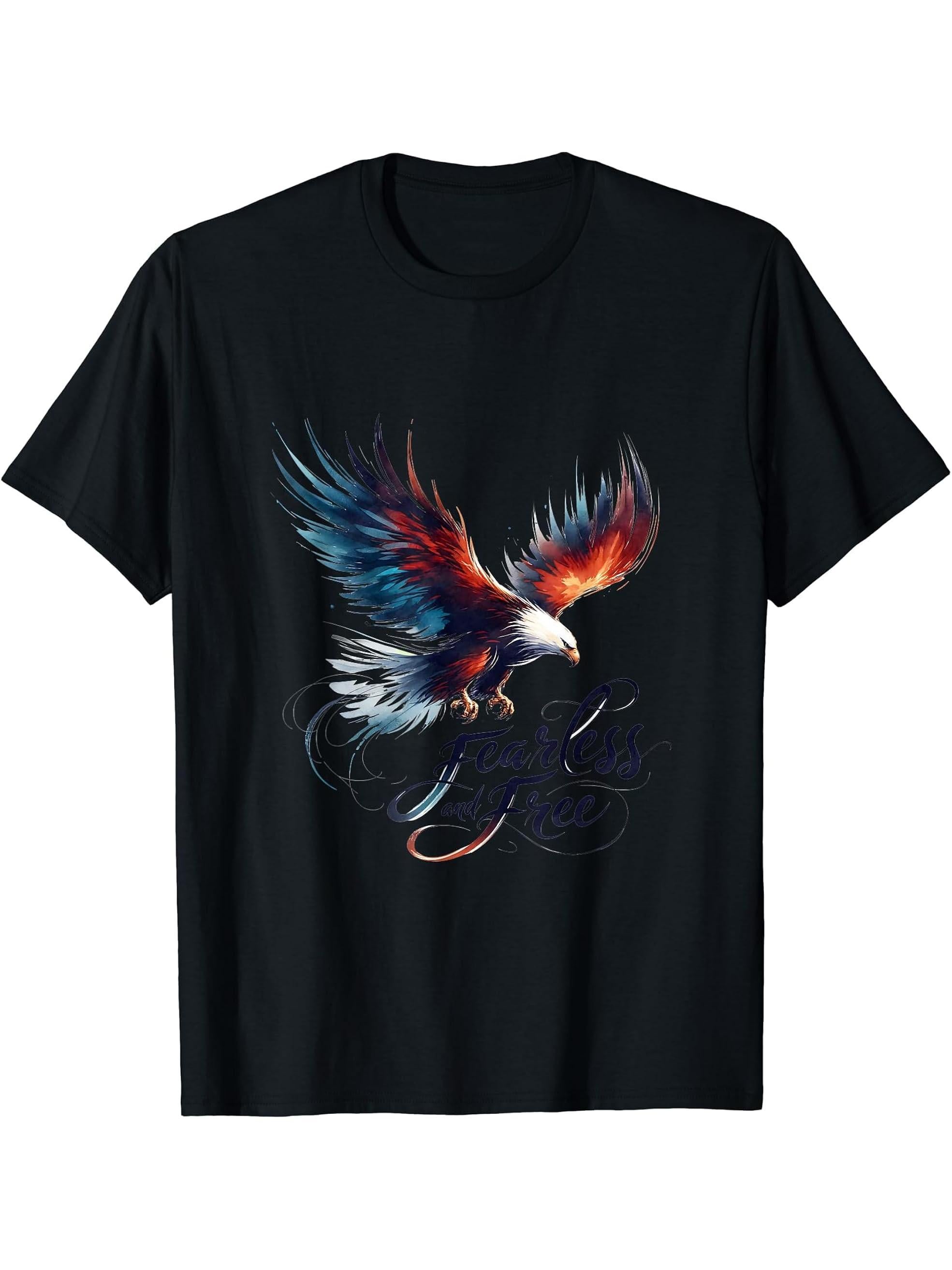 Fearless And Free Bald Eagle T-Shirt 180G 100% Cotton Printed Round Neck Short-Sleeve T-Shirt, Gifts for Men Dad Husband Grandpa, S-XXXL, Black