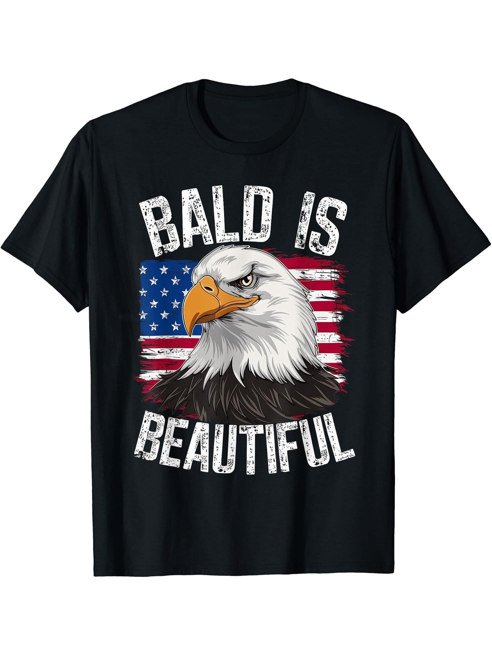 Bald Is Beautiful Independence Day Bald Eagle 4th of July T-Shirt 180G 100% Cotton Printed Round Neck Short-Sleeve T-Shirt, Gifts for Men Dad Husband Grandpa, S-XXXL, Black