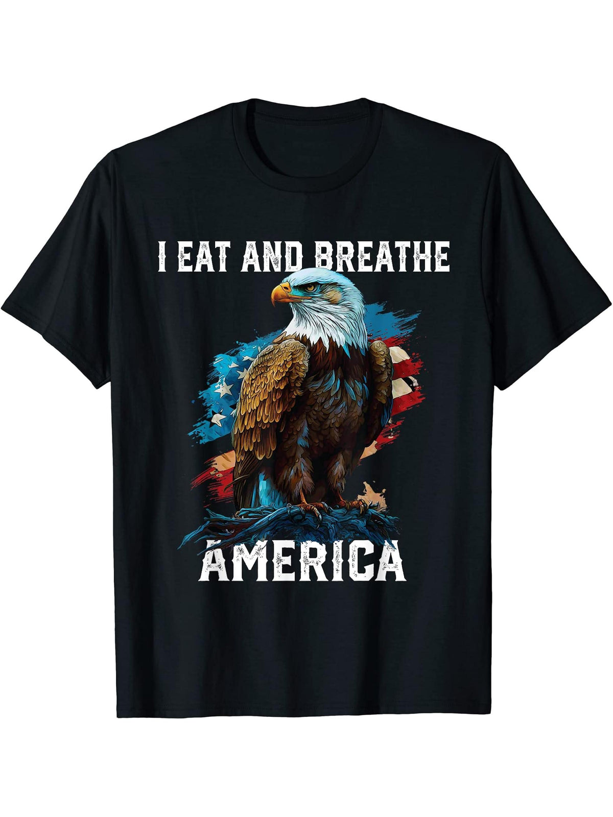 I Eat and Breathe America American Bald Eagle Patriotic T-Shirt 180G 100% Cotton Printed Round Neck Short-Sleeve T-Shirt, Gifts for Men Dad Husband Grandpa, S-XXXL, Black