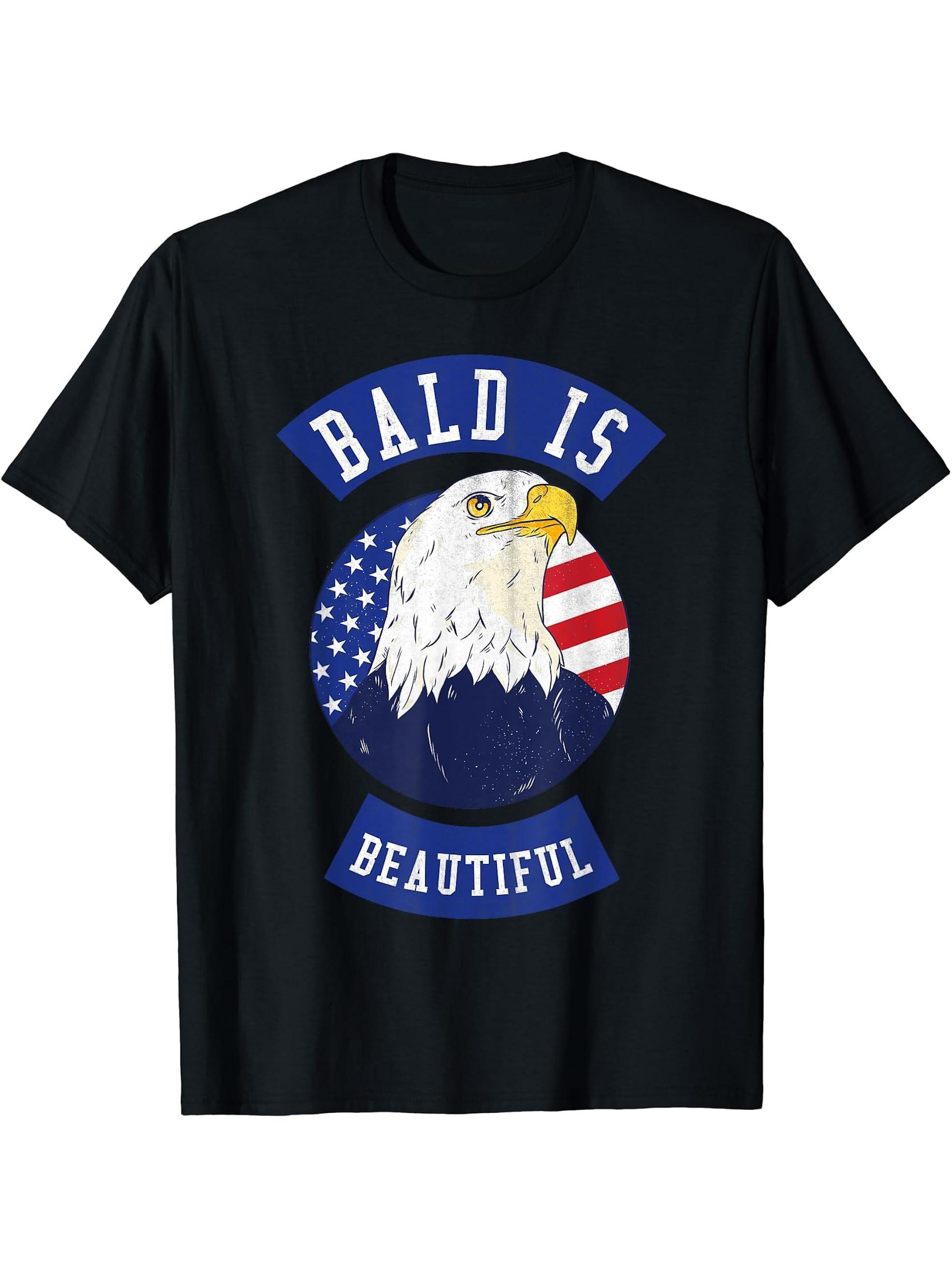 Bald is beautiful Shirt - Bald Eagle Patriotic American T-Shirt 180G 100% Cotton Printed Round Neck Short-Sleeve T-Shirt, Gifts for Men Dad Husband Grandpa, S-XXXL, Black
