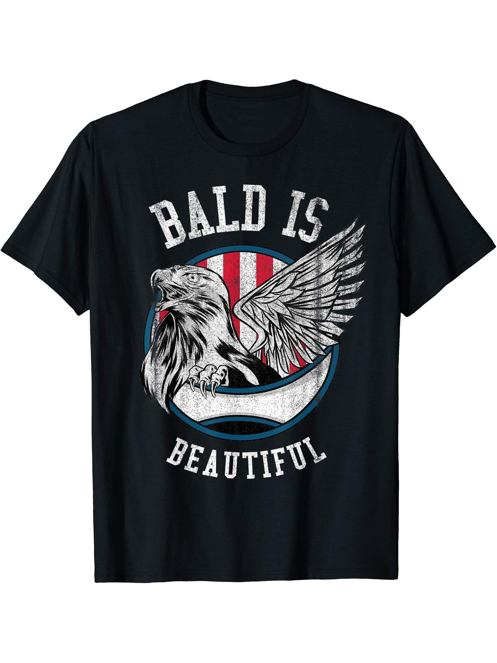 Bald is beautiful Shirt - Bald Eagle Patriotic American T-Shirt 180G 100% Cotton Printed Round Neck Short-Sleeve T-Shirt, Gifts for Men Dad Husband Grandpa, S-XXXL, Black