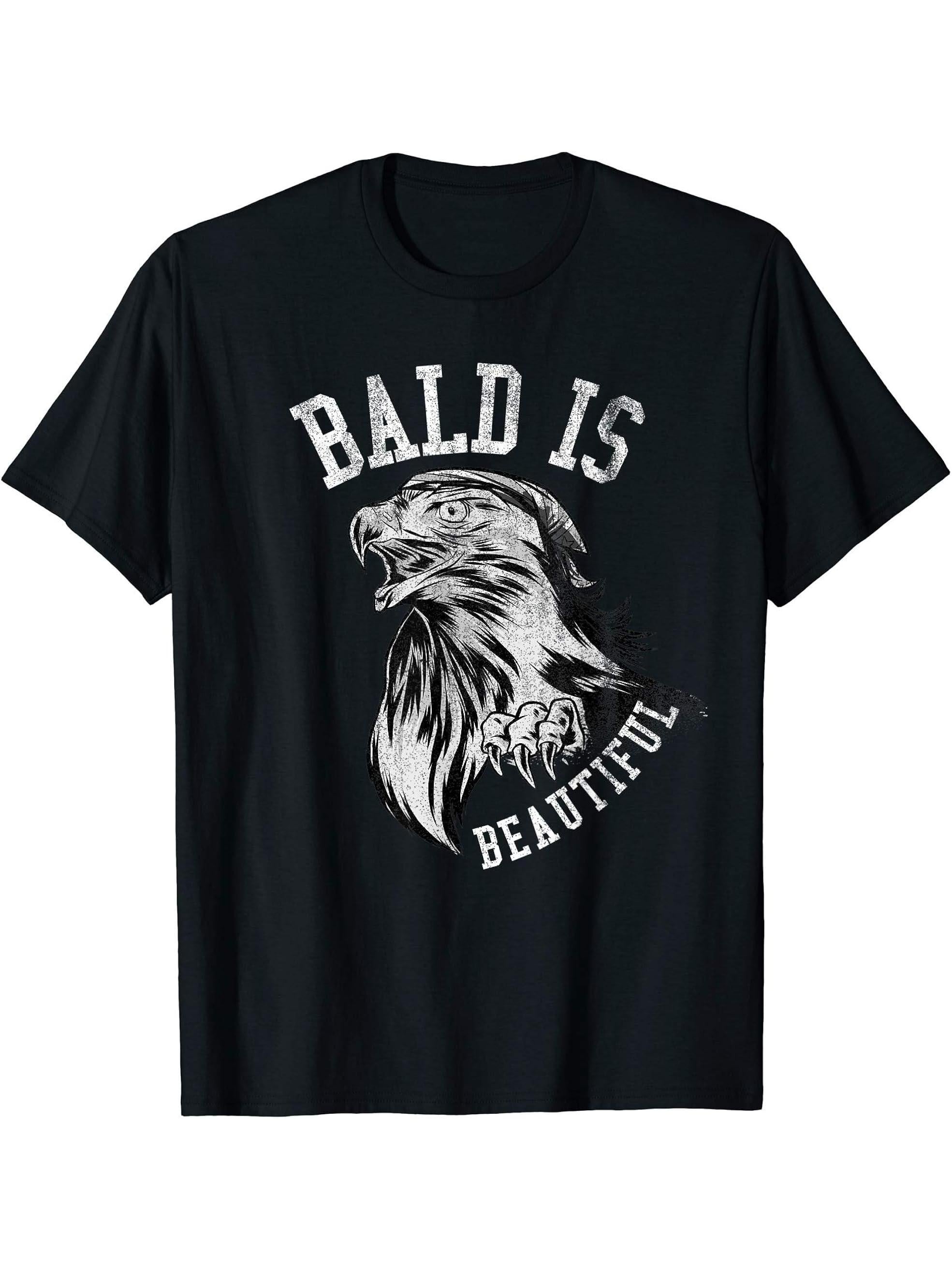 Bald is beautiful Shirt - Bald Eagle Patriotic American T-Shirt 180G 100% Cotton Printed Round Neck Short-Sleeve T-Shirt, Gifts for Men Dad Husband Grandpa, S-XXXL, Black