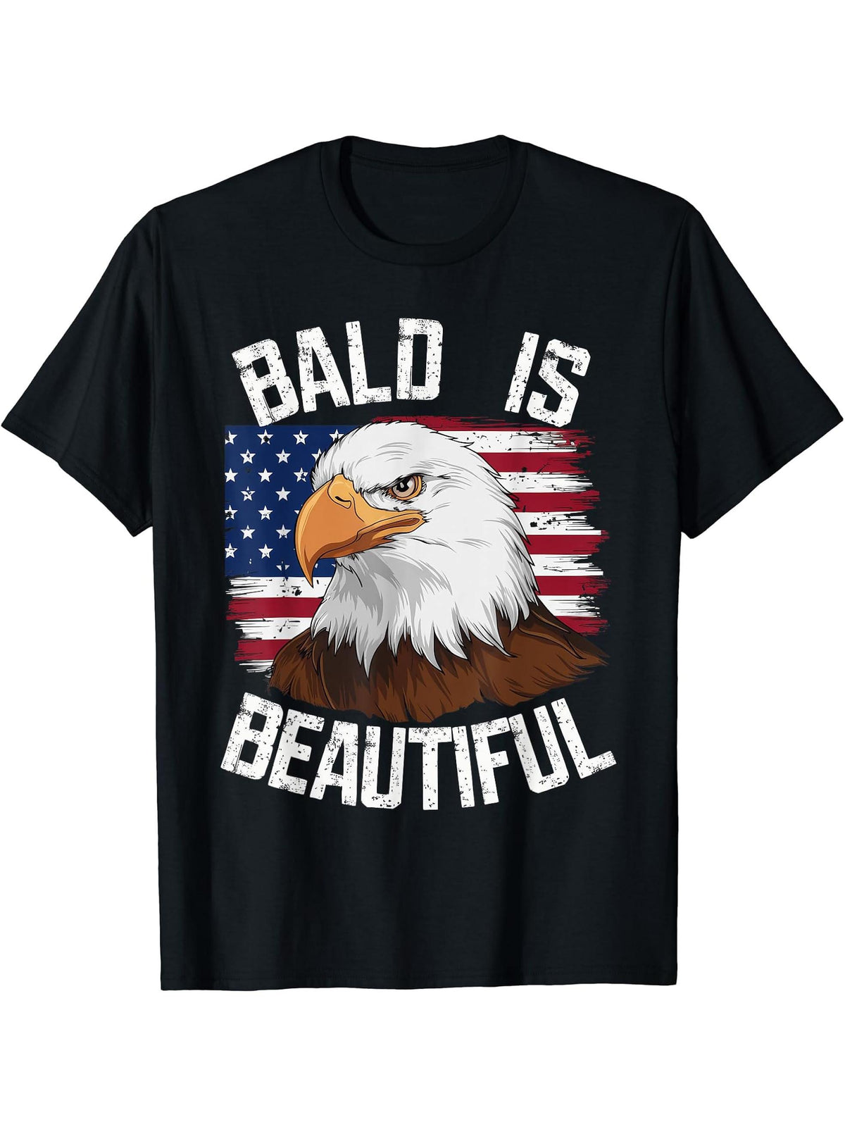 Bald Is Beautiful Independence Day Bald Eagle 4th of July T-Shirt 180G 100% Cotton Printed Round Neck Short-Sleeve T-Shirt, Gifts for Men Dad Husband Grandpa, S-XXXL, Black