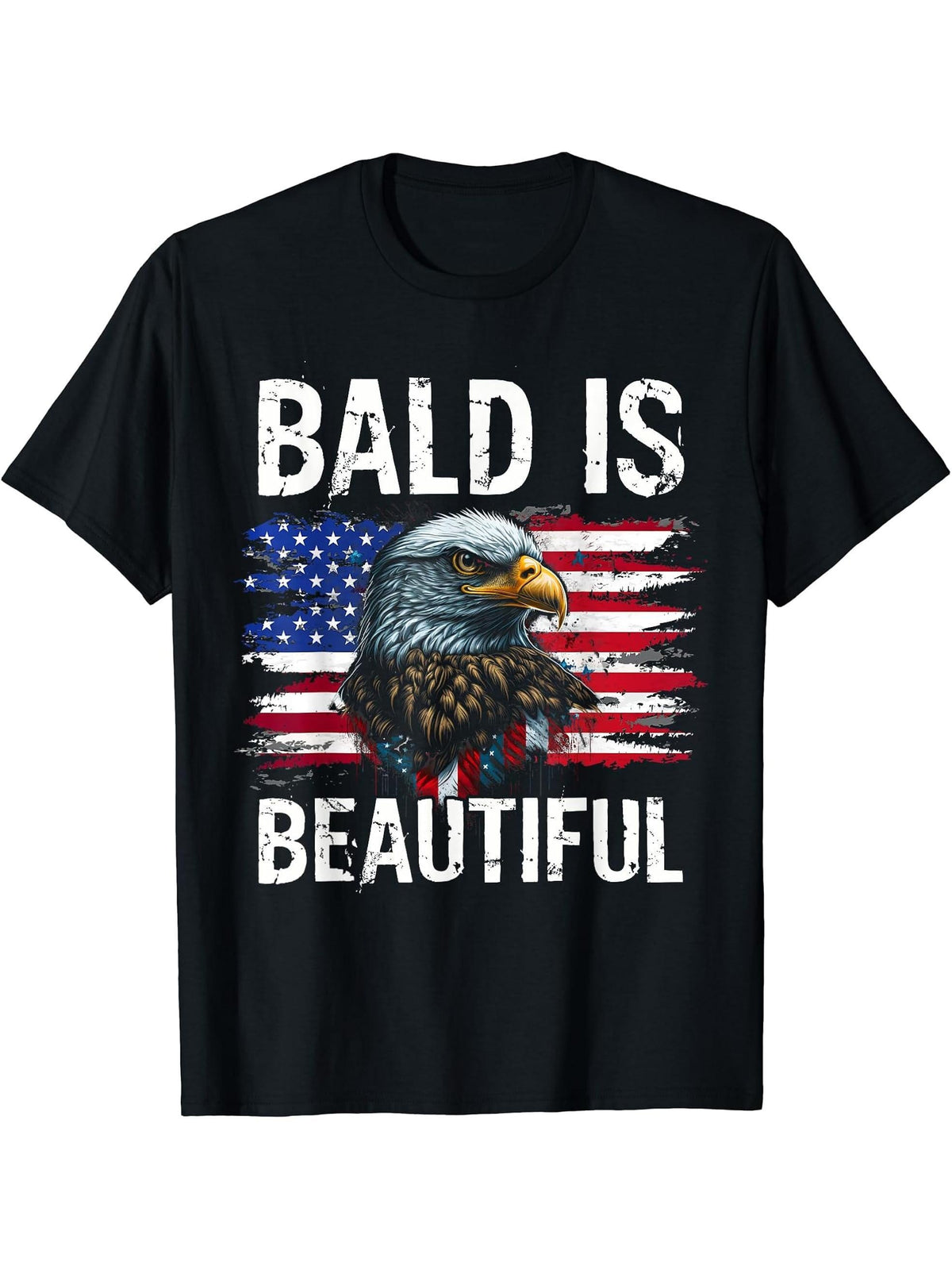 Bald Is Beautiful 4th Of July Independence Day Bald Eagle T-Shirt 180G 100% Cotton Printed Round Neck Short-Sleeve T-Shirt, Gifts for Men Dad Husband Grandpa, S-XXXL, Black