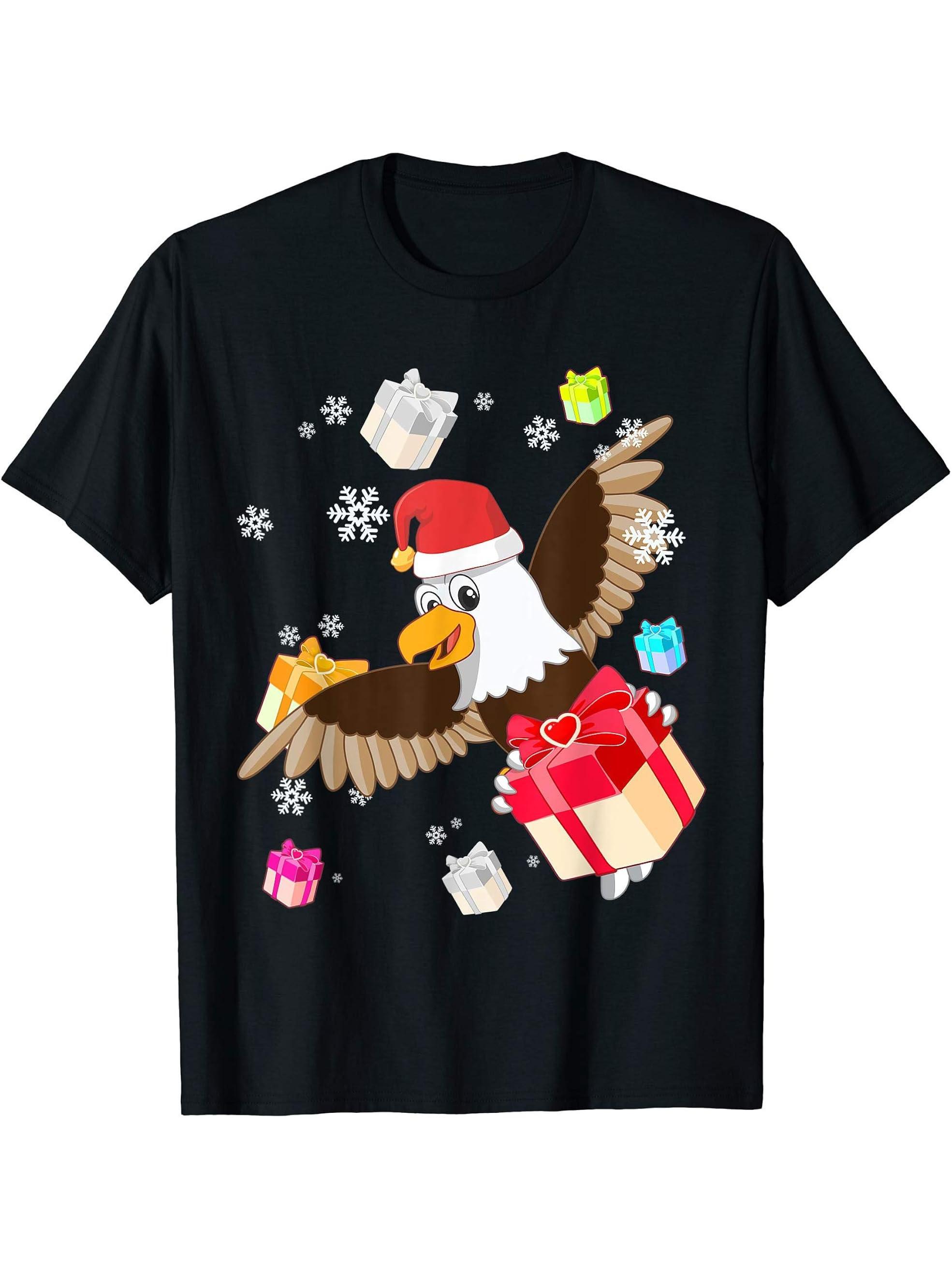 American Bald Eagle Santa Christmas Gift T-Shirt 180G 100% Cotton Printed Round Neck Short-Sleeve T-Shirt, Gifts for Men Dad Husband Grandpa, S-XXXL, Black