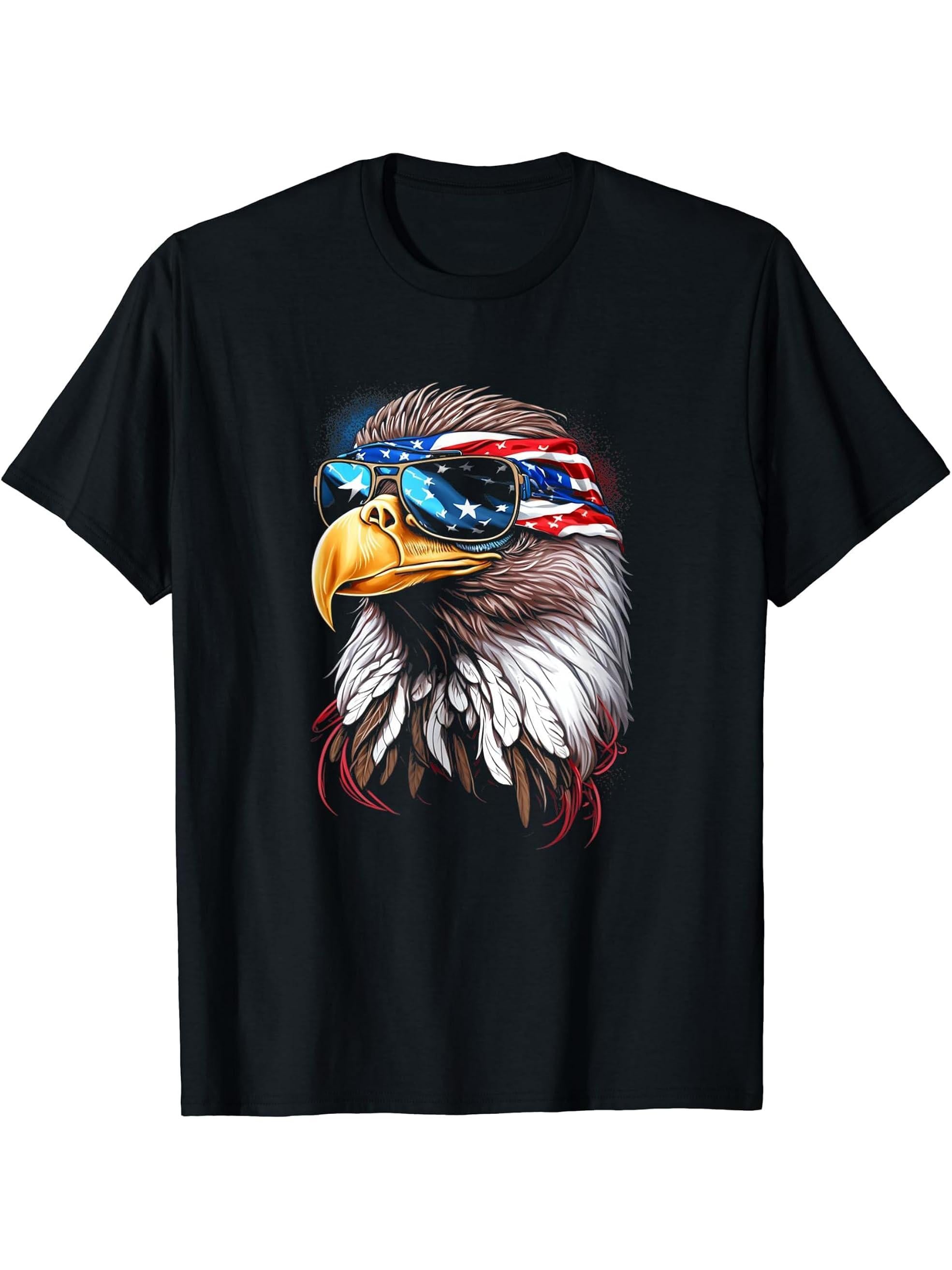 Patriotic Bald Eagle Mullet American USA Flag 4th of July T-Shirt 180G 100% Cotton Printed Round Neck Short-Sleeve T-Shirt, Gifts for Men Dad Husband Grandpa, S-XXXL, Black