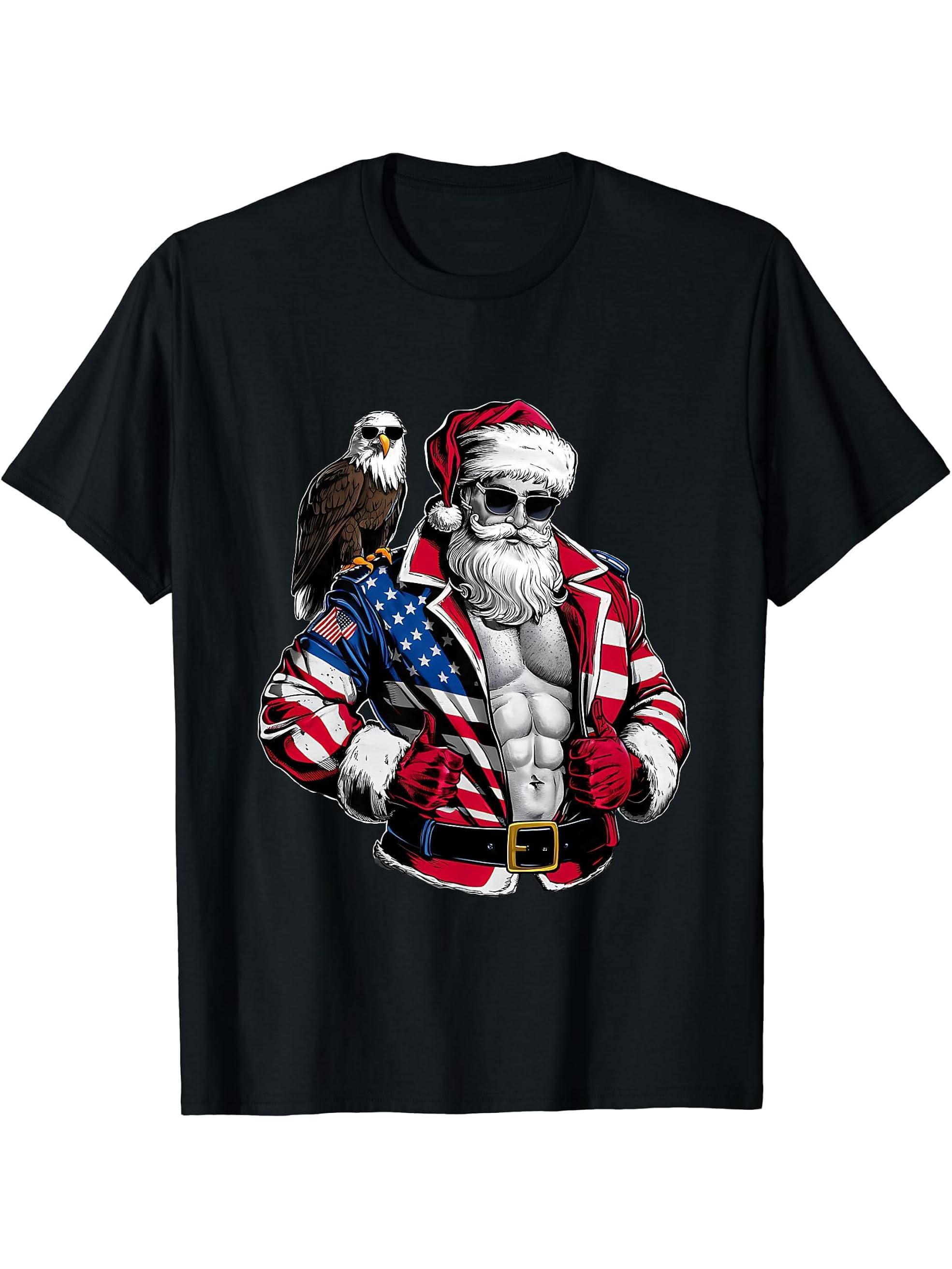 Patriotic Santa Christmas In July USA Flag Bald Eagle T-Shirt 180G 100% Cotton Printed Round Neck Short-Sleeve T-Shirt, Gifts for Men Dad Husband Grandpa, S-XXXL, Black