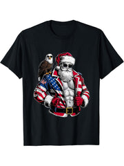 Patriotic Santa Christmas In July USA Flag Bald Eagle T-Shirt 180G 100% Cotton Printed Round Neck Short-Sleeve T-Shirt, Gifts for Men Dad Husband Grandpa, S-XXXL, Black