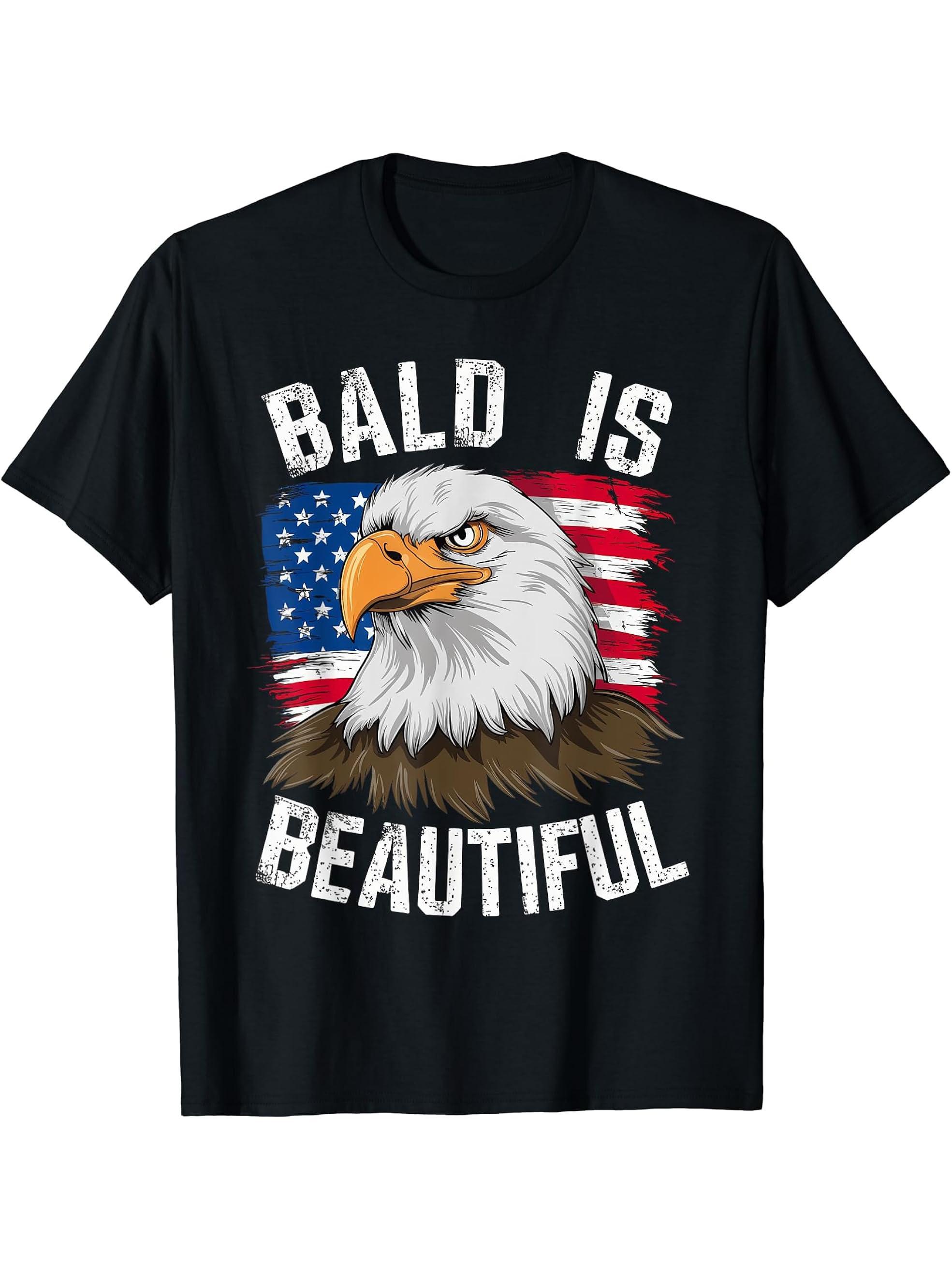 Bald Is Beautiful Independence Day Bald Eagle 4th of July T-Shirt 180G 100% Cotton Printed Round Neck Short-Sleeve T-Shirt, Gifts for Men Dad Husband Grandpa, S-XXXL, Black