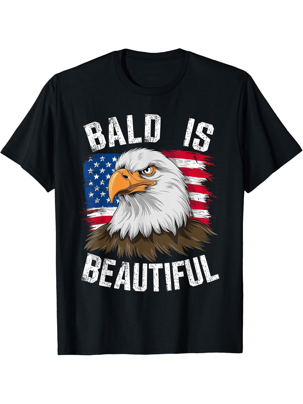 Bald Is Beautiful Independence Day Bald Eagle 4th of July T-Shirt 180G 100% Cotton Printed Round Neck Short-Sleeve T-Shirt, Gifts for Men Dad Husband Grandpa, S-XXXL, Black