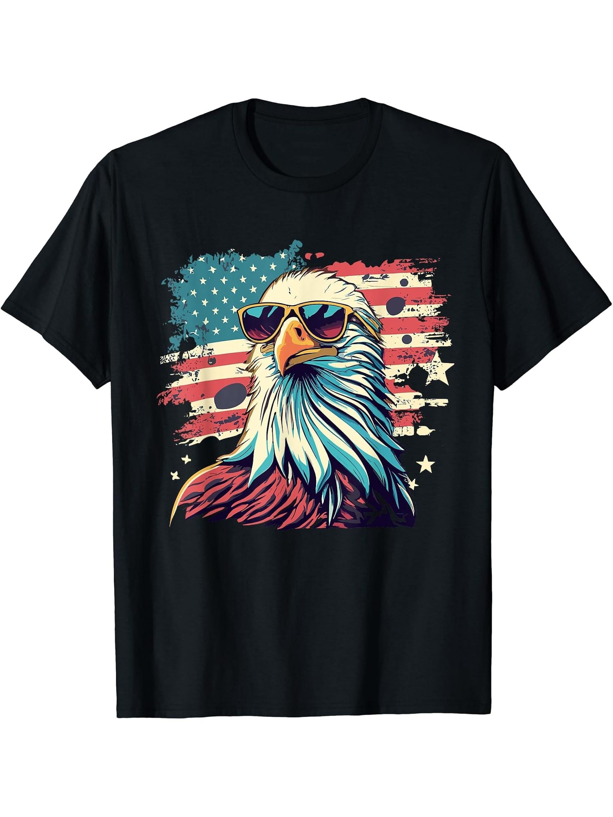 Vintage Eagle with Sunglasses - Retro American Bald Eagle T-Shirt 180G 100% Cotton Printed Round Neck Short-Sleeve T-Shirt, Gifts for Men Dad Husband Grandpa, S-XXXL, Black
