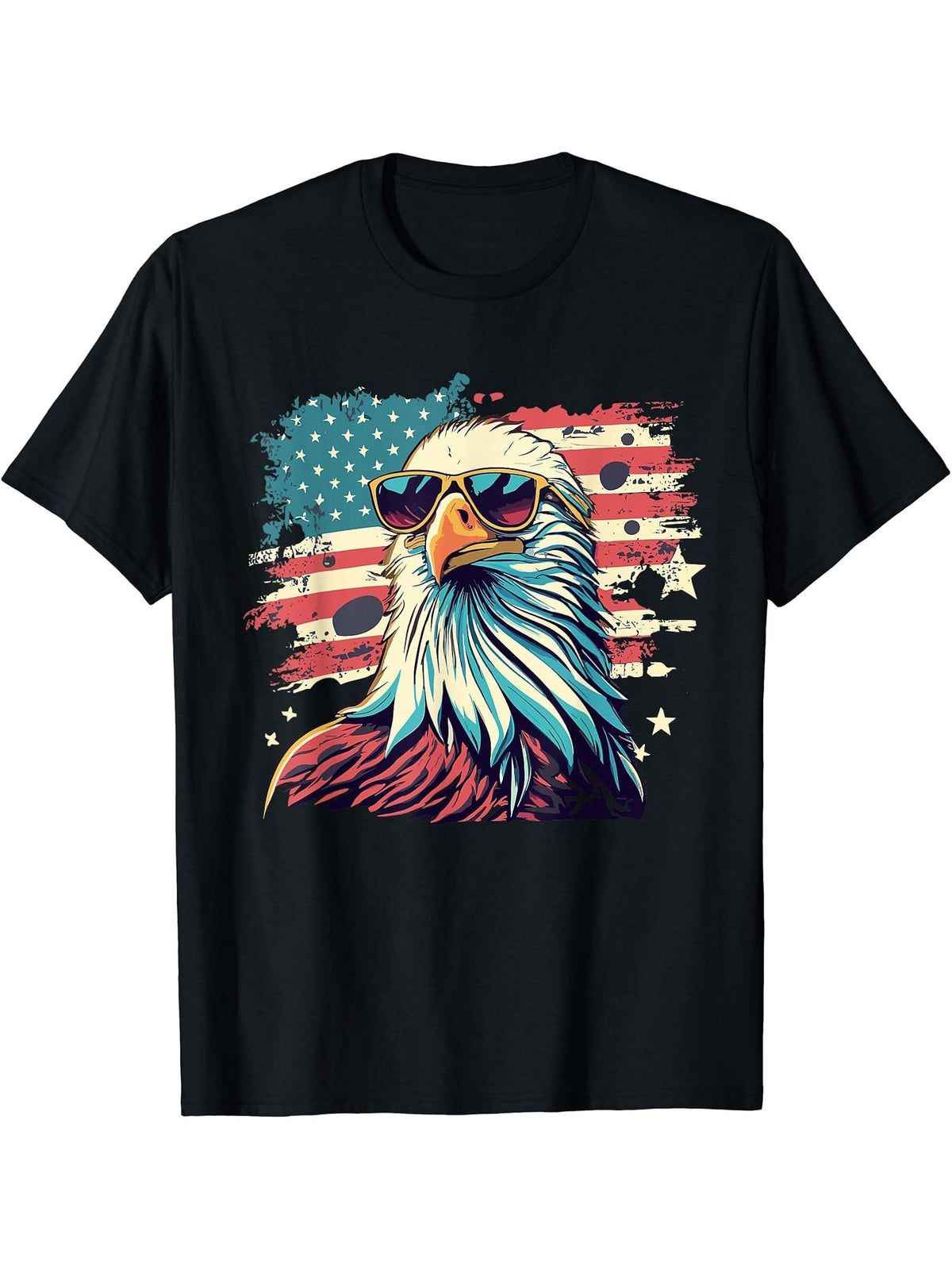 Vintage Eagle with Sunglasses - Retro American Bald Eagle T-Shirt 180G 100% Cotton Printed Round Neck Short-Sleeve T-Shirt, Gifts for Men Dad Husband Grandpa, S-XXXL, Black
