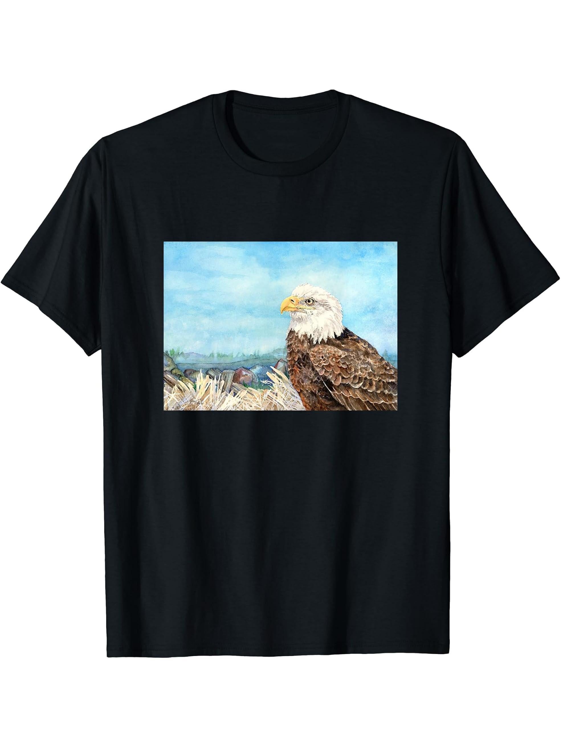 Bald Eagle in a Field T-Shirt 180G 100% Cotton Printed Round Neck Short-Sleeve T-Shirt, Gifts for Men Dad Husband Grandpa, S-XXXL, Black