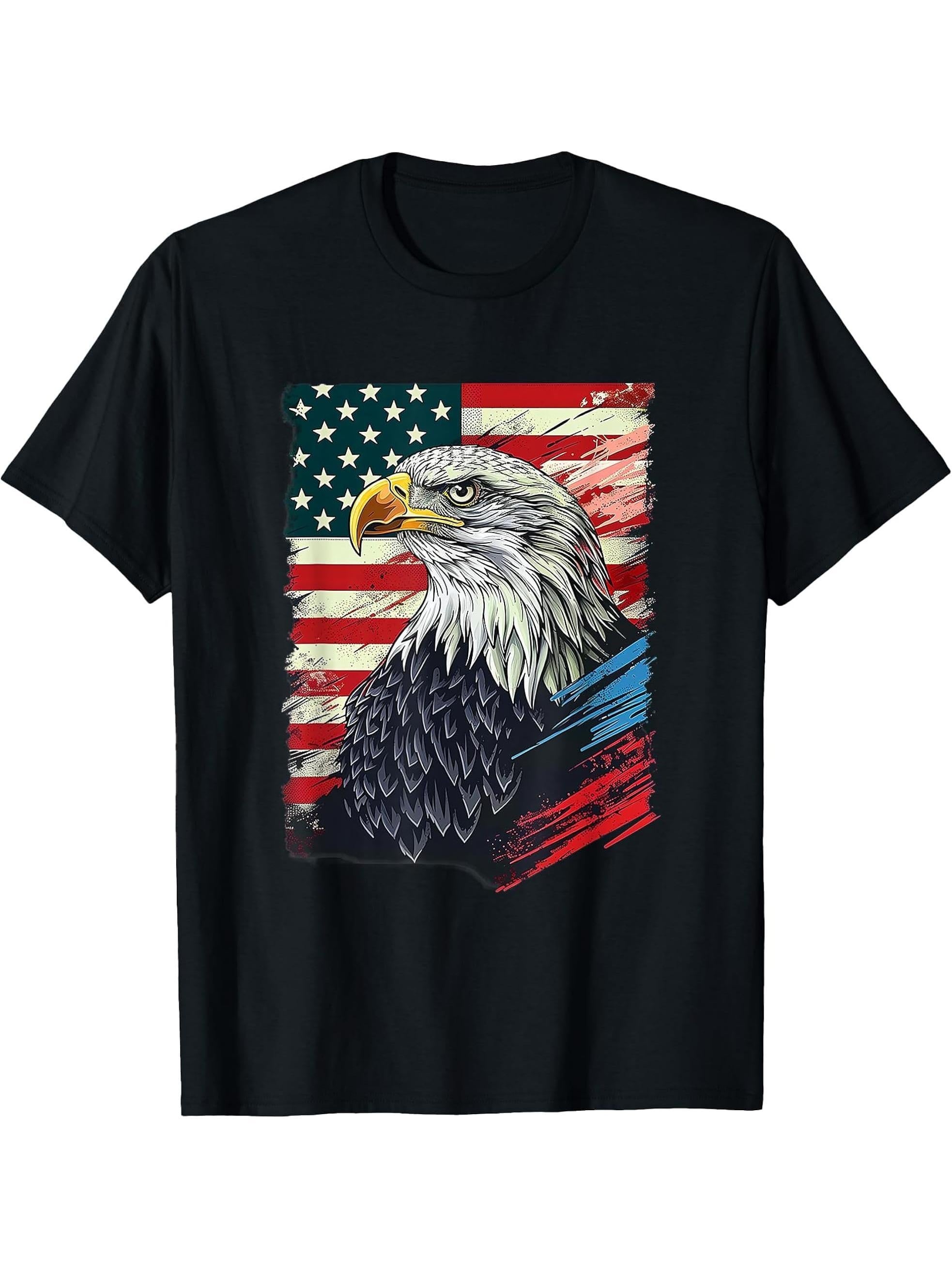 Bald Eagle US American Flag 4th Of July Proud Patriotic T-Shirt 180G 100% Cotton Printed Round Neck Short-Sleeve T-Shirt, Gifts for Men Dad Husband Grandpa, S-XXXL, Black