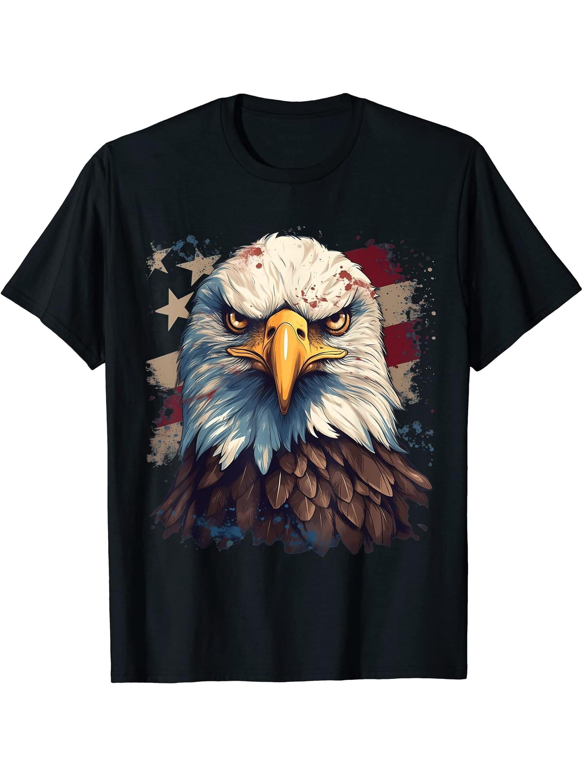4th Of July US Flag Bald Eagle T-Shirt 180G 100% Cotton Printed Round Neck Short-Sleeve T-Shirt, Gifts for Men Dad Husband Grandpa, S-XXXL, Black